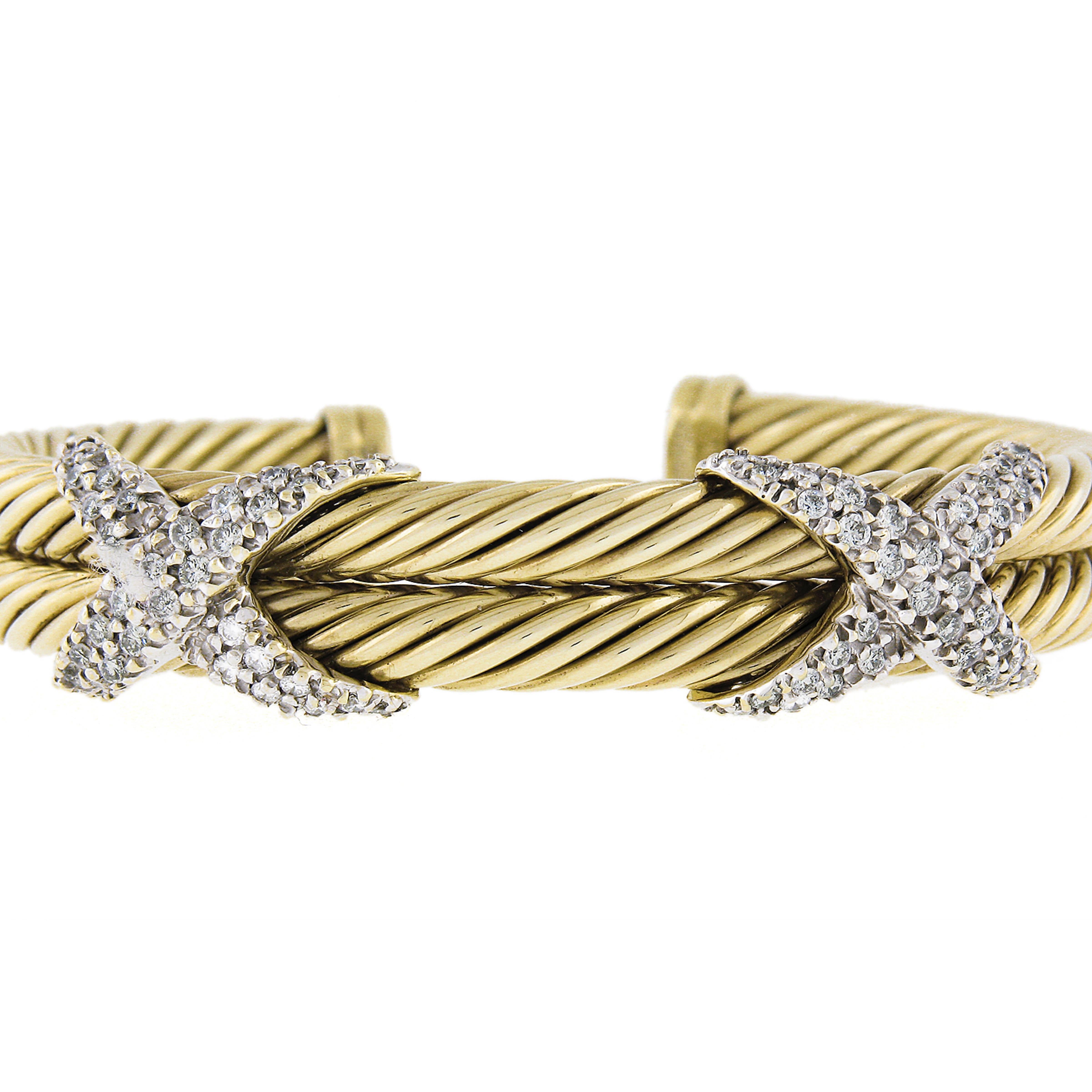 Round Cut Vintage David Yurman 14k Solid Gold 2ct Diamond X Double Cable Cuff Bracelet