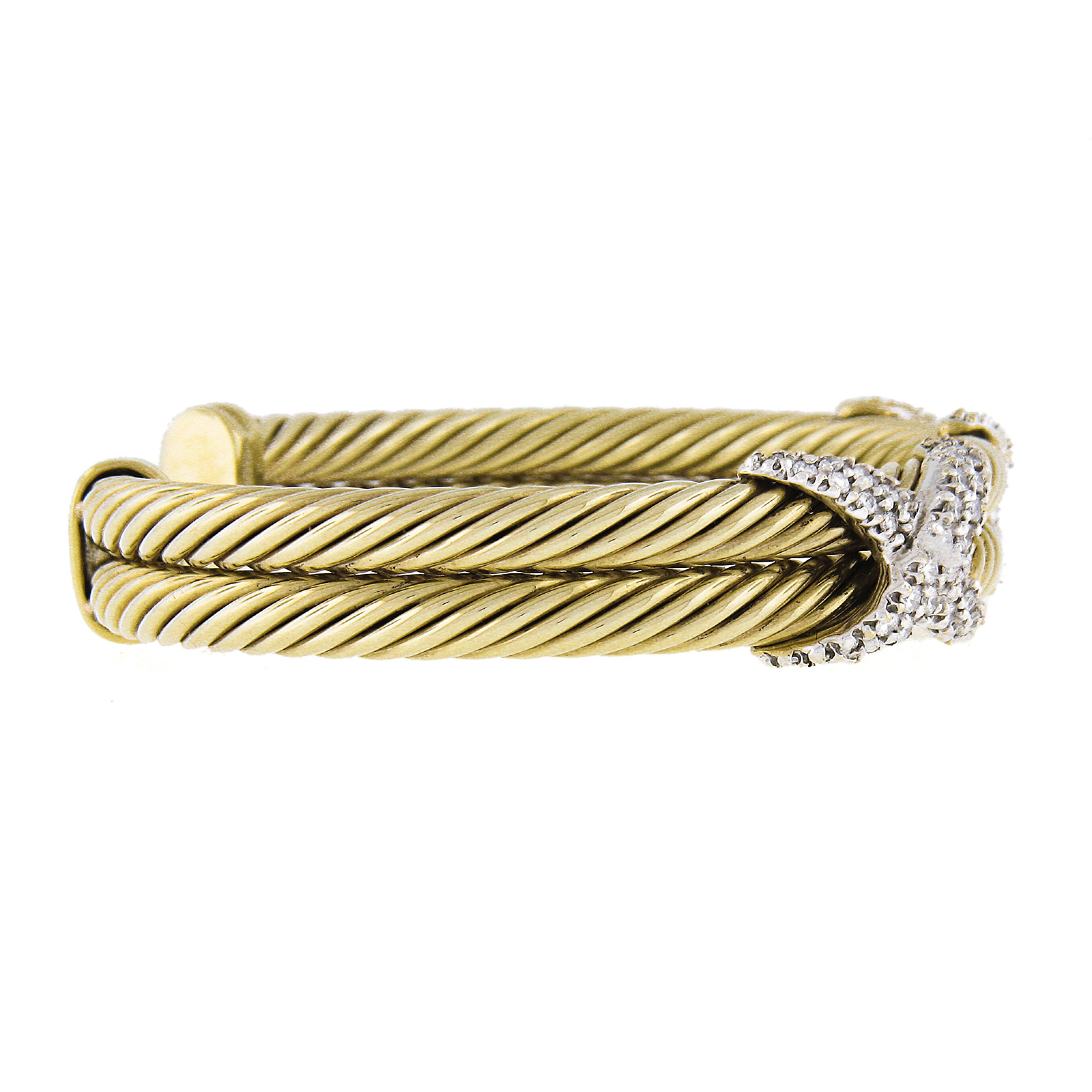 Vintage David Yurman 14k Solid Gold 2ct Diamond X Double Cable Cuff Bracelet In Excellent Condition In Montclair, NJ