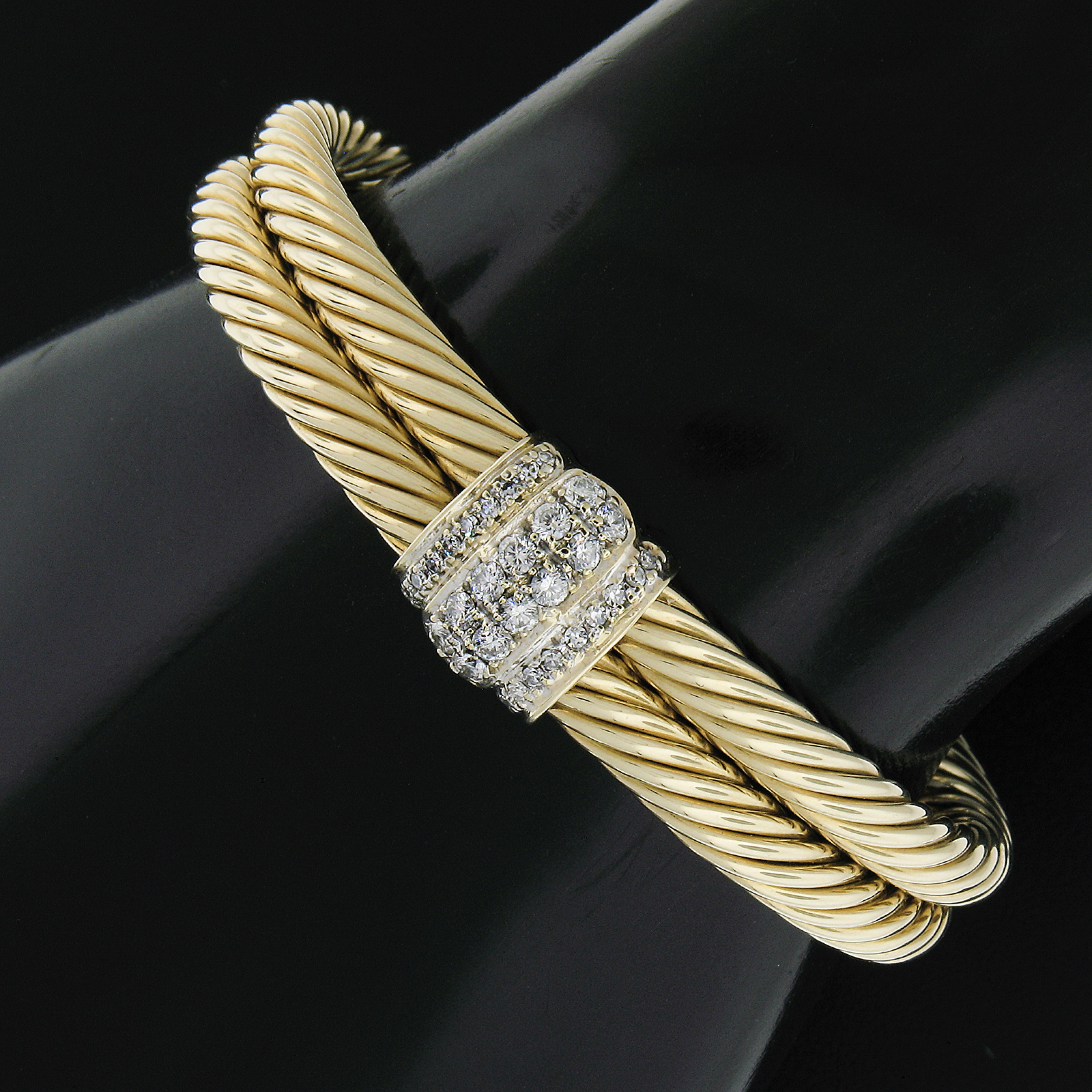 --Stone(s):--
(30) Natural Genuine Diamonds - Single Cut & Round Brilliant Cut - Pave Set - Nice White Color - 0.56ctw (approx.)

Material: Solid 14K Yellow Gold w/ White Gold Accents
Weight:29.76 Grams
Type: Open Cuff Bangle
Size: Will Comfortably