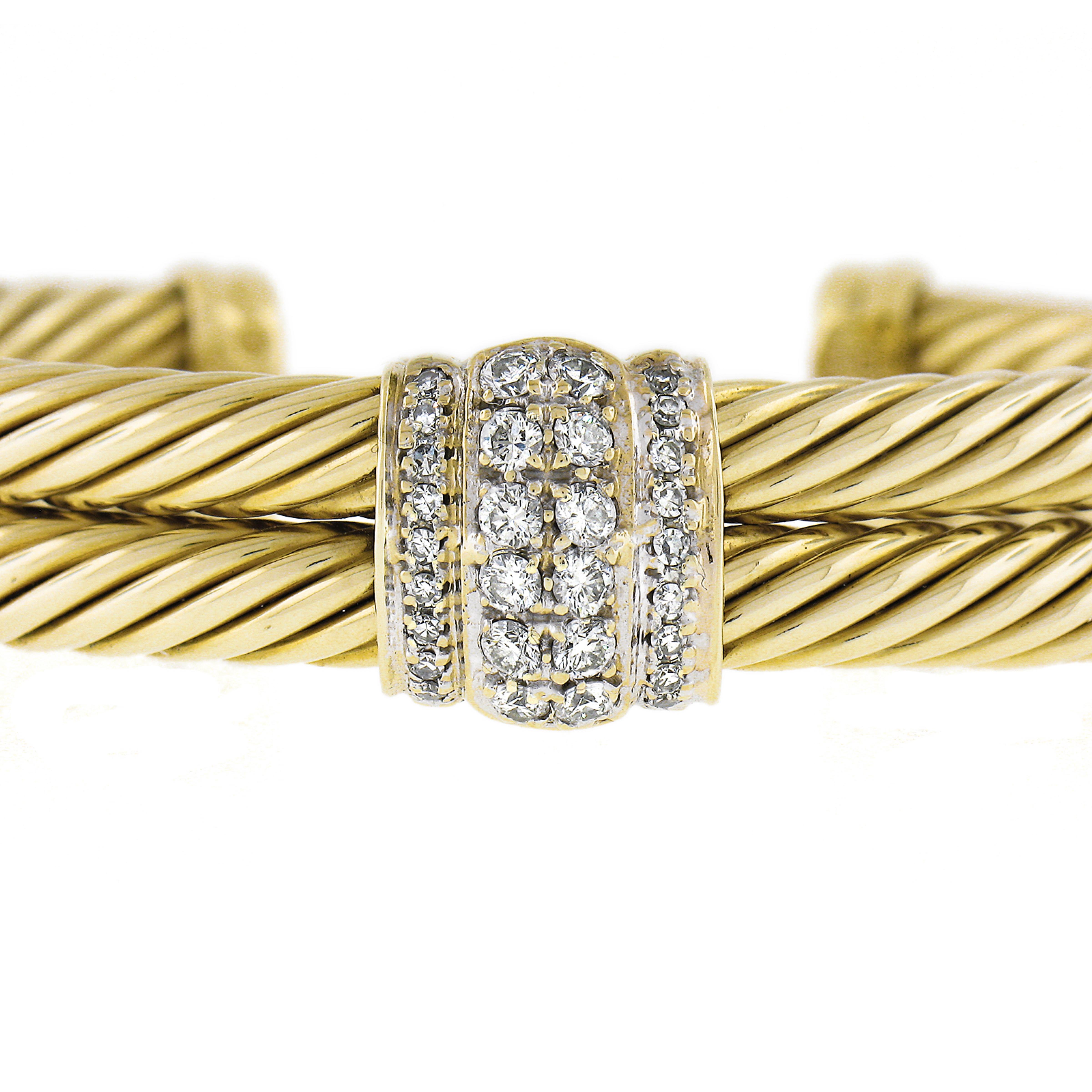 Round Cut Vintage David Yurman 14k Solid Gold Diamond Double Twisted Cable Cuff Bracelet