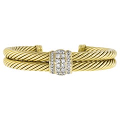 Vintage David Yurman 14k Solid Gold Diamond Double Twisted Cable Cuff Bracelet
