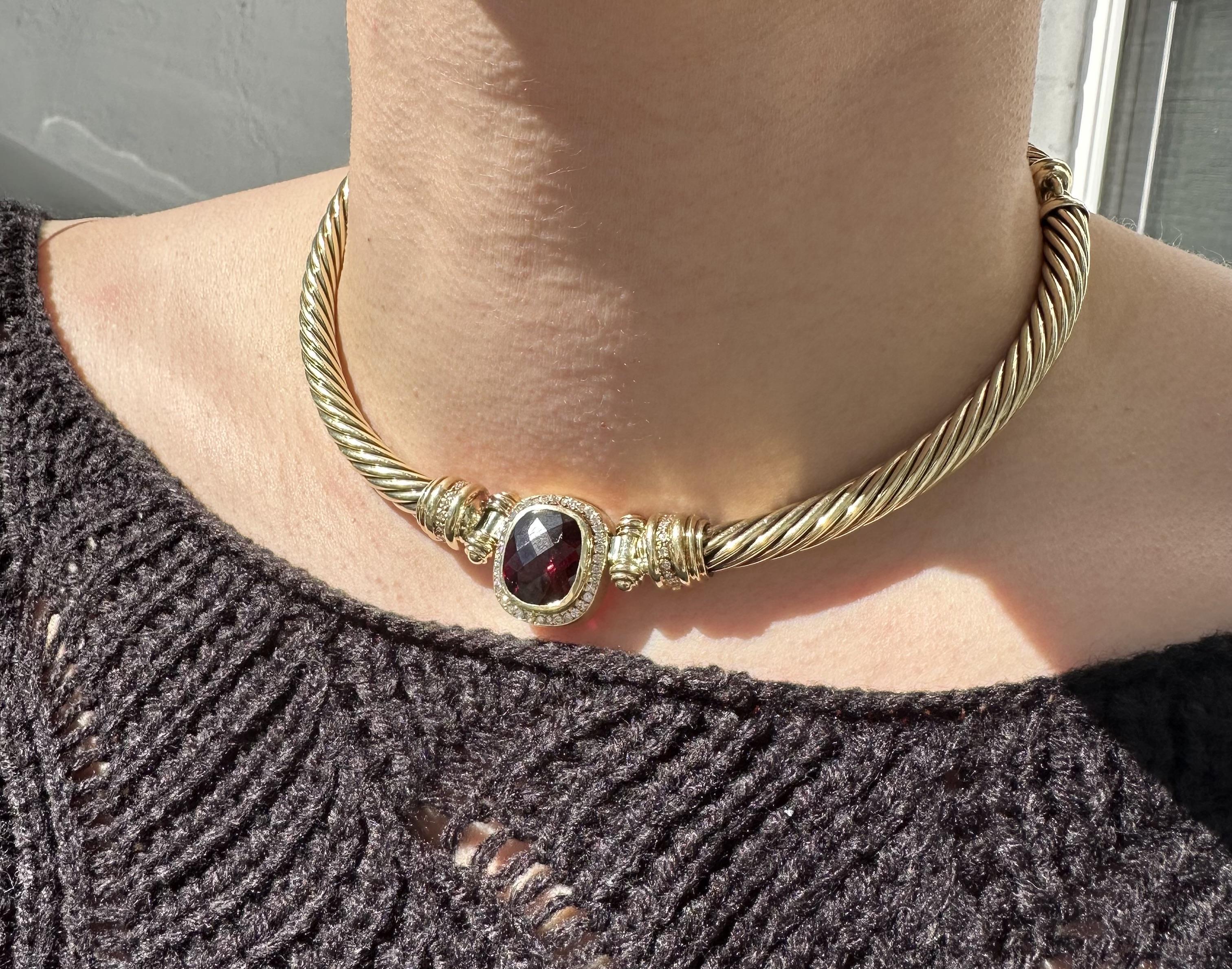 David Yurman 14k Gelbgold Kissenschliff Granat Diamant Kabel-Gliederhalskette, Vintage im Zustand „Gut“ im Angebot in Montclair, NJ