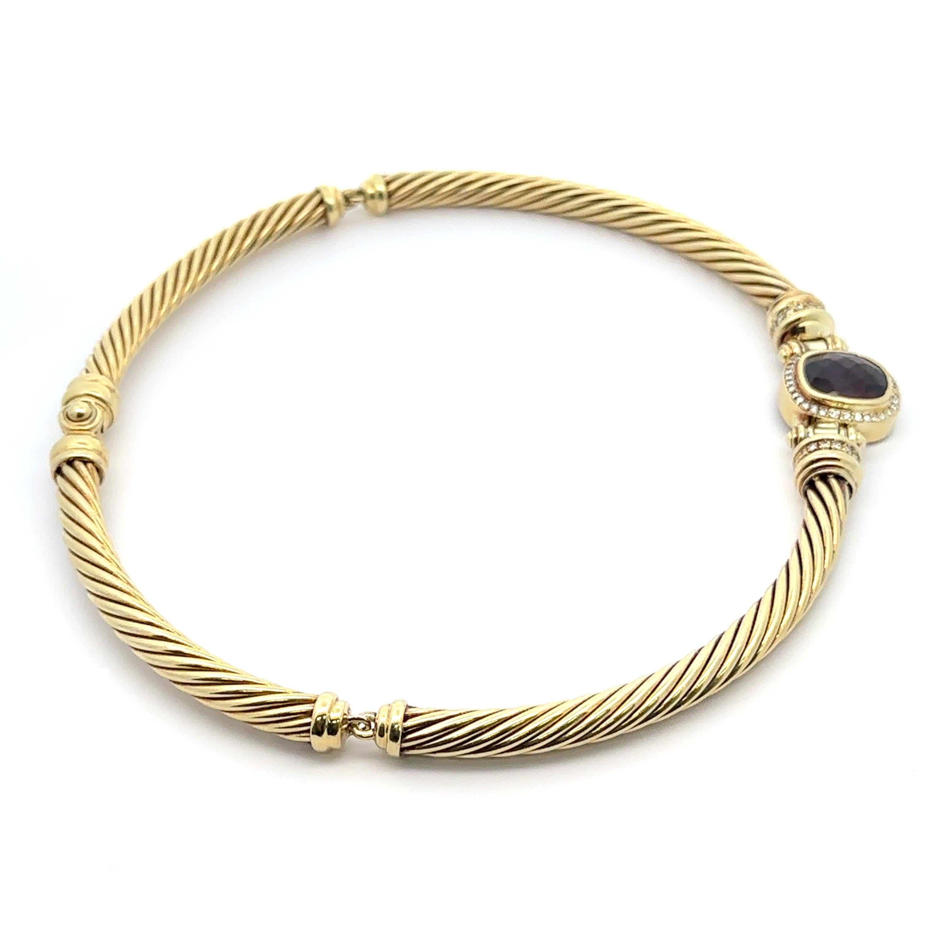 David Yurman 14k Gelbgold Kissenschliff Granat Diamant Kabel-Gliederhalskette, Vintage Damen im Angebot