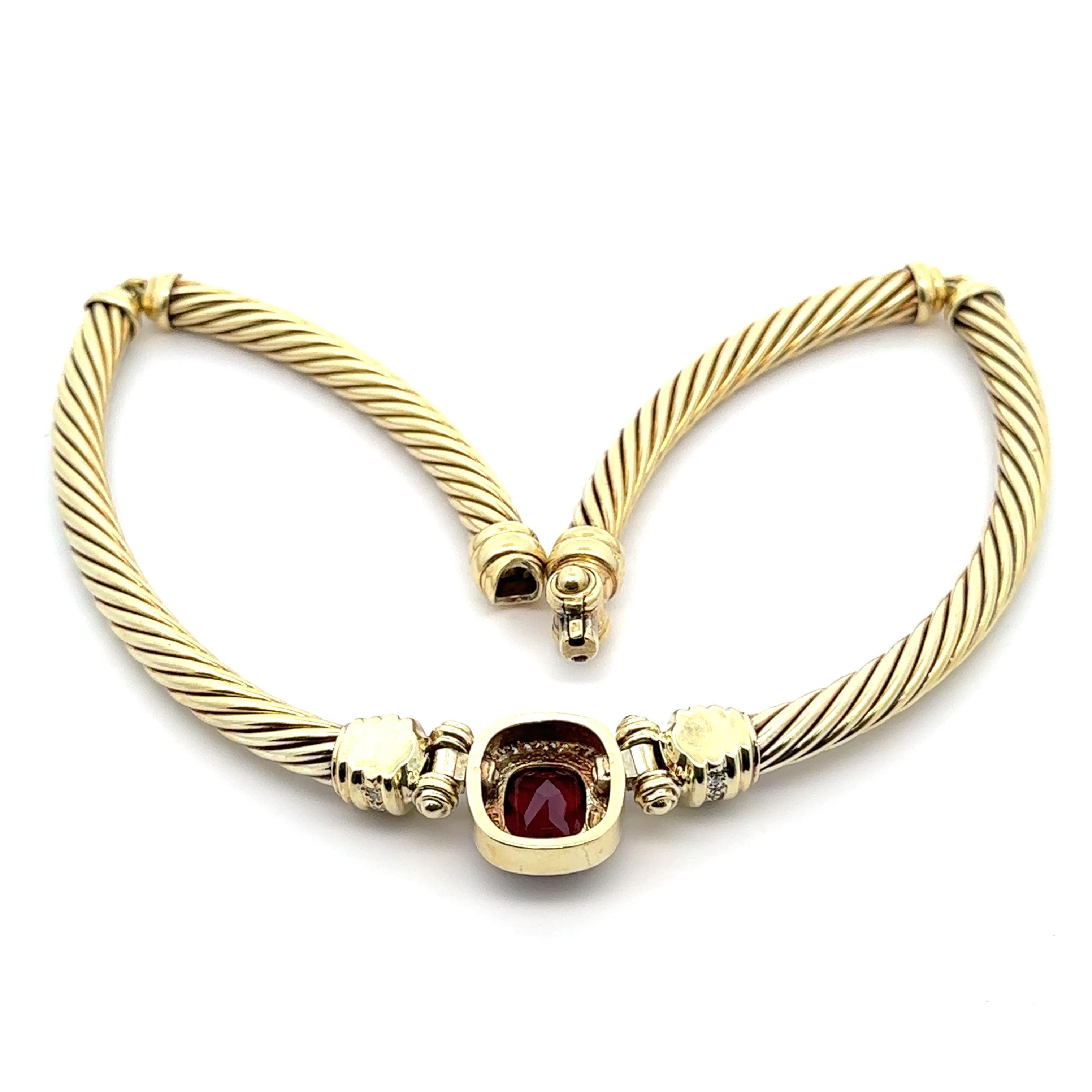 David Yurman 14k Gelbgold Kissenschliff Granat Diamant Kabel-Gliederhalskette, Vintage im Angebot 1