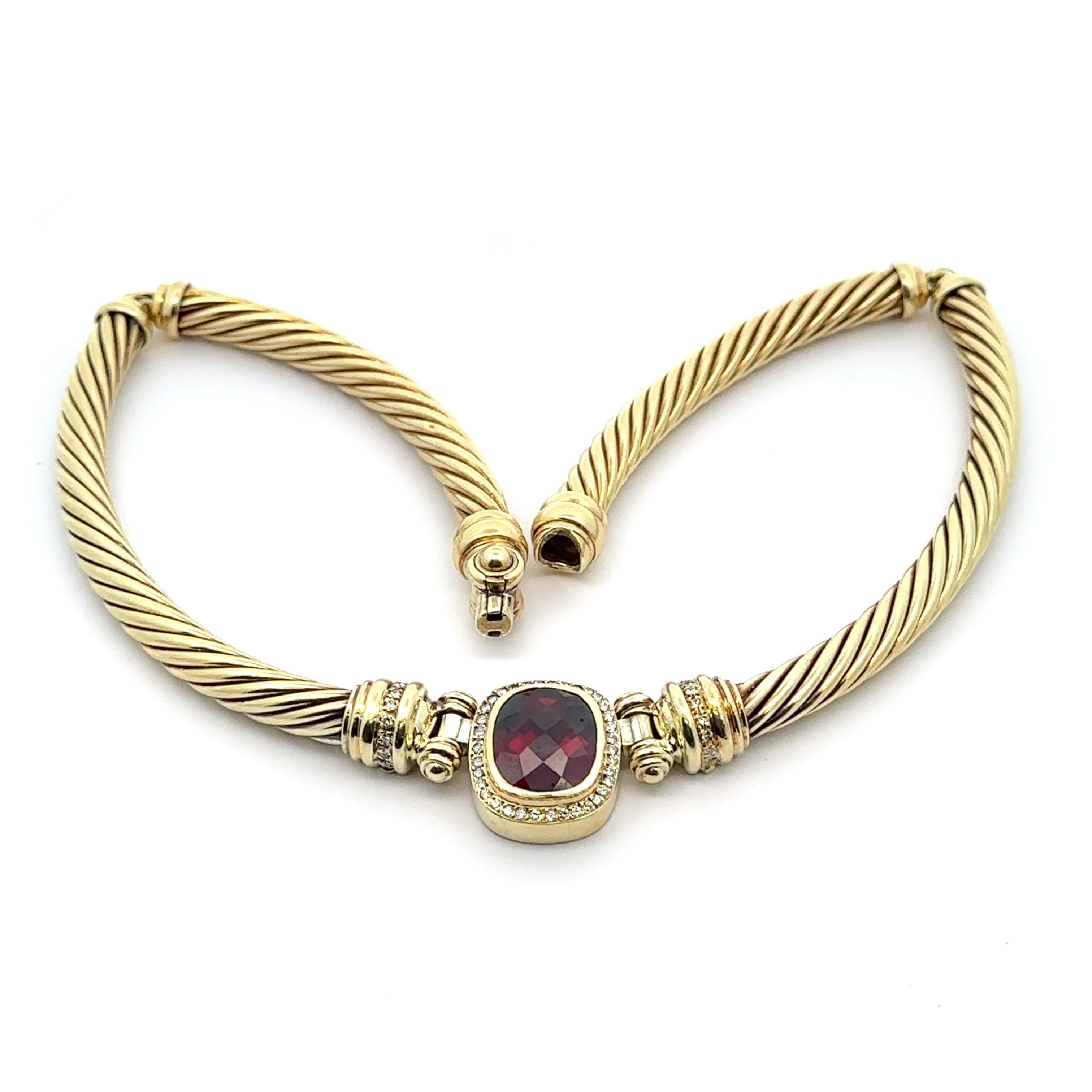 David Yurman 14k Gelbgold Kissenschliff Granat Diamant Kabel-Gliederhalskette, Vintage im Angebot 2
