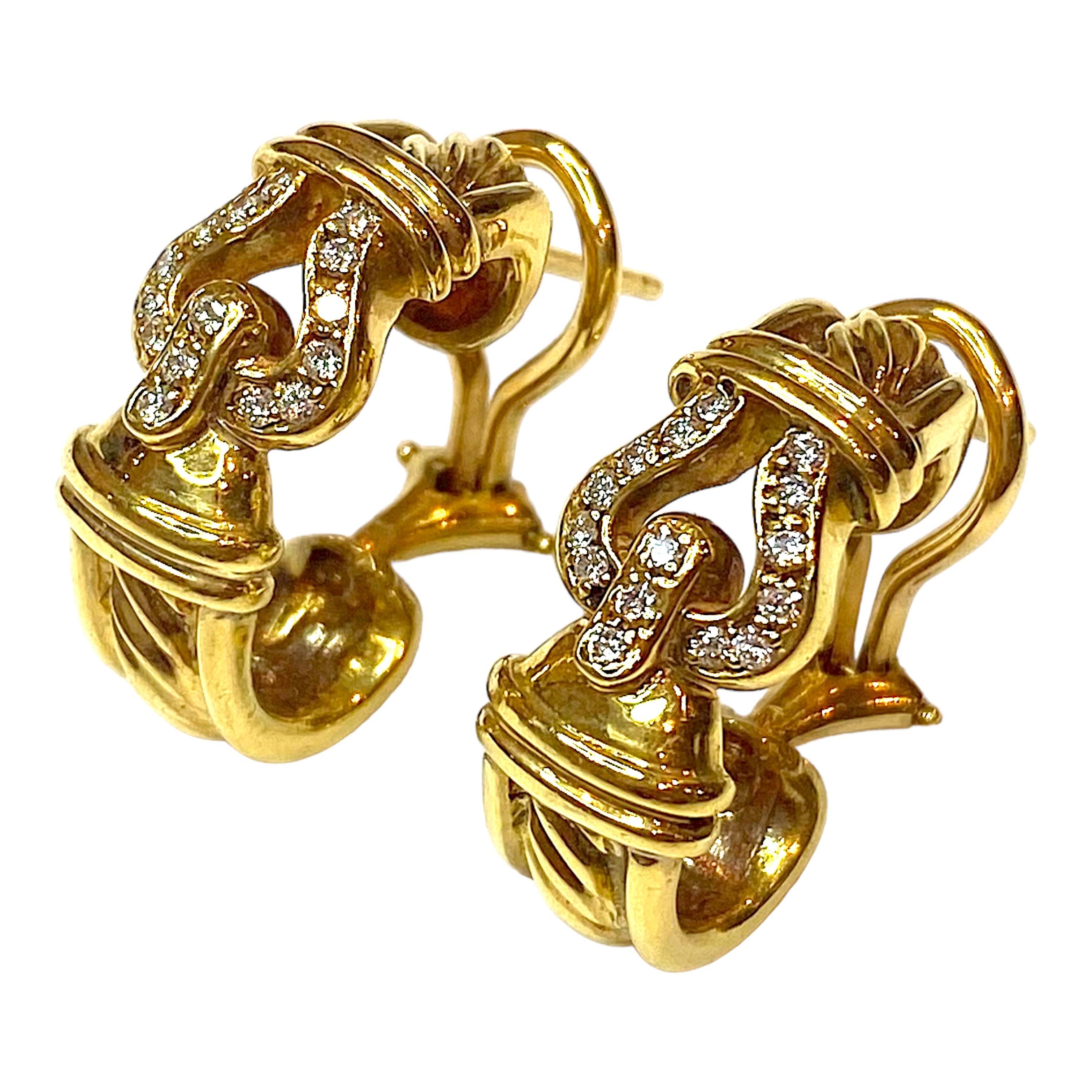 David Yurman 18K yellow gold diamond set cable buckle earrings with post and omega back.
30 round brilliant cut diamonds: 0.30ctw. Color: F-G, Clarity: VS1-VS2
Measurements: 20 mm H x 8.8 mm W 
Weight: 14.7 grams
Marked: D.Y. 18K

The Cable design