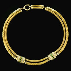 Vintage David Yurman 18k Gold Emerald and Diamond Double Cable Collar Necklace