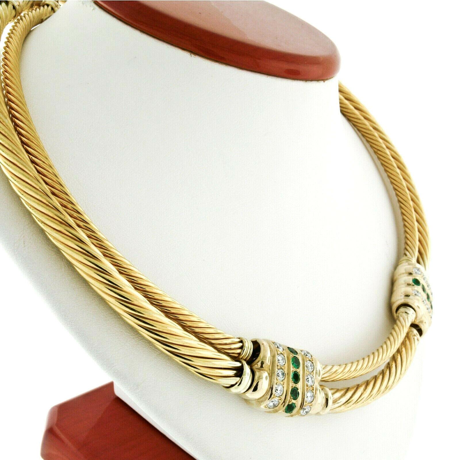 Round Cut Vintage David Yurman 18k Gold Emerald and Diamond Double Cable Collar Necklace