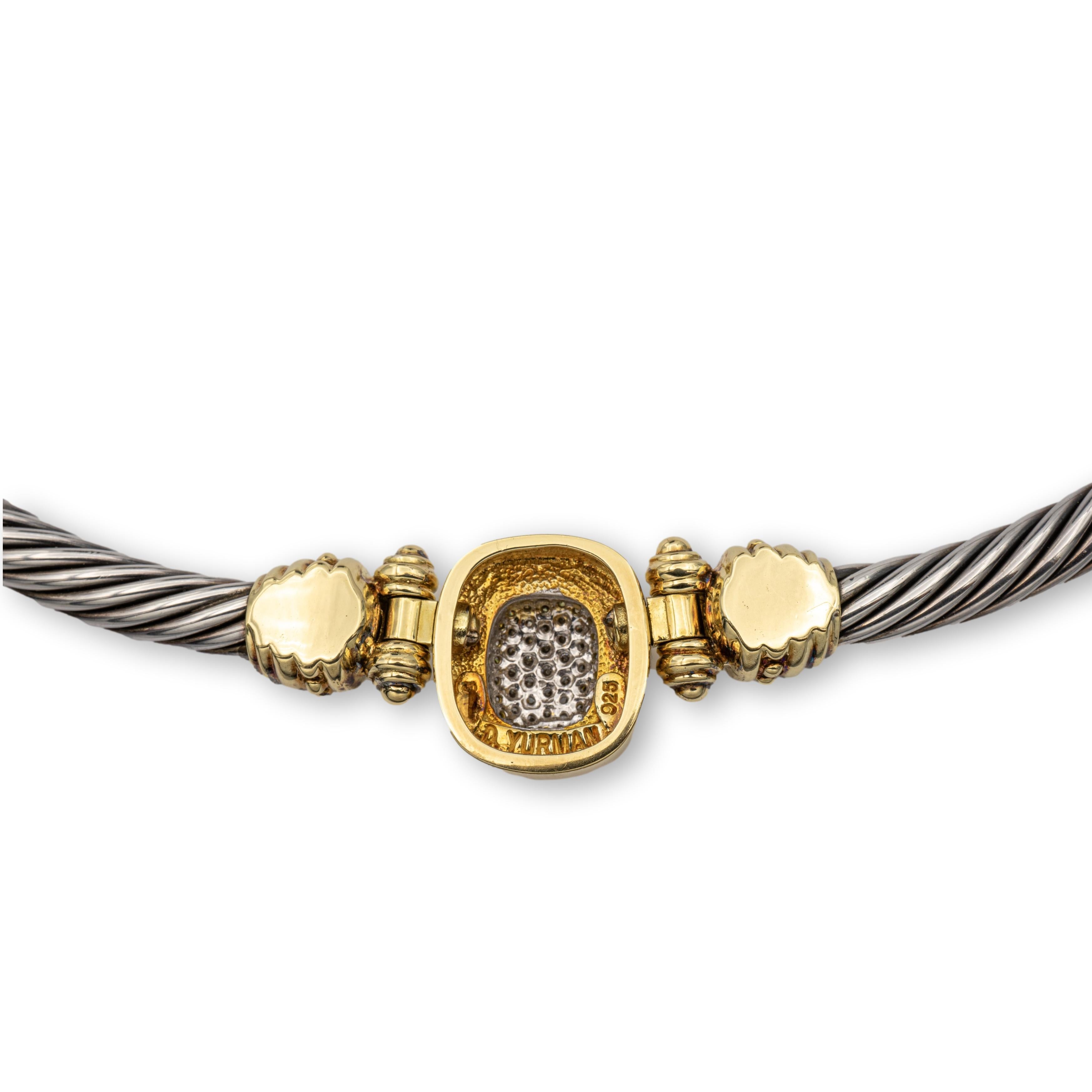 Vintage David Yurman choker necklace from the Albion collection finely crafted in sterling silver featuring a pendant with pave set round brilliant cut diamonds weighing 0.50 carats total weight approximately inside an 18 karat yellow gold bezel