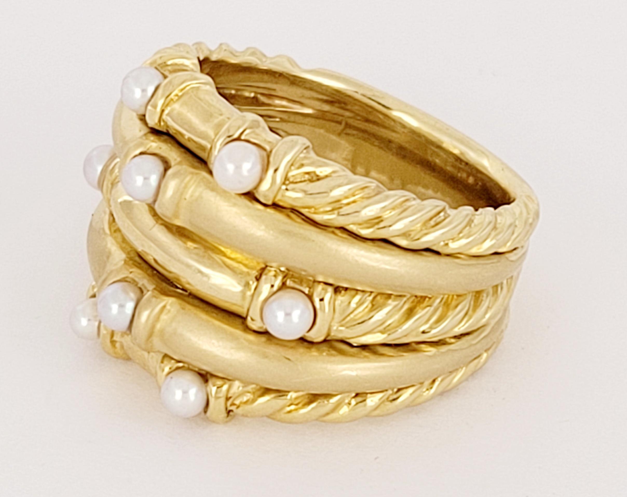 David Yurman Multi Row Ring 
5 Row Ring with Pearl
Material 18K Yellow Gold 
Width: 16.5mm at widest points 
Ring Size 6.5
Ring Weight 20.2gr 
8 Cultured White South Sea Pearls with beautiful color and high luster, each 2.5mm in diameter.
Hallmarks: