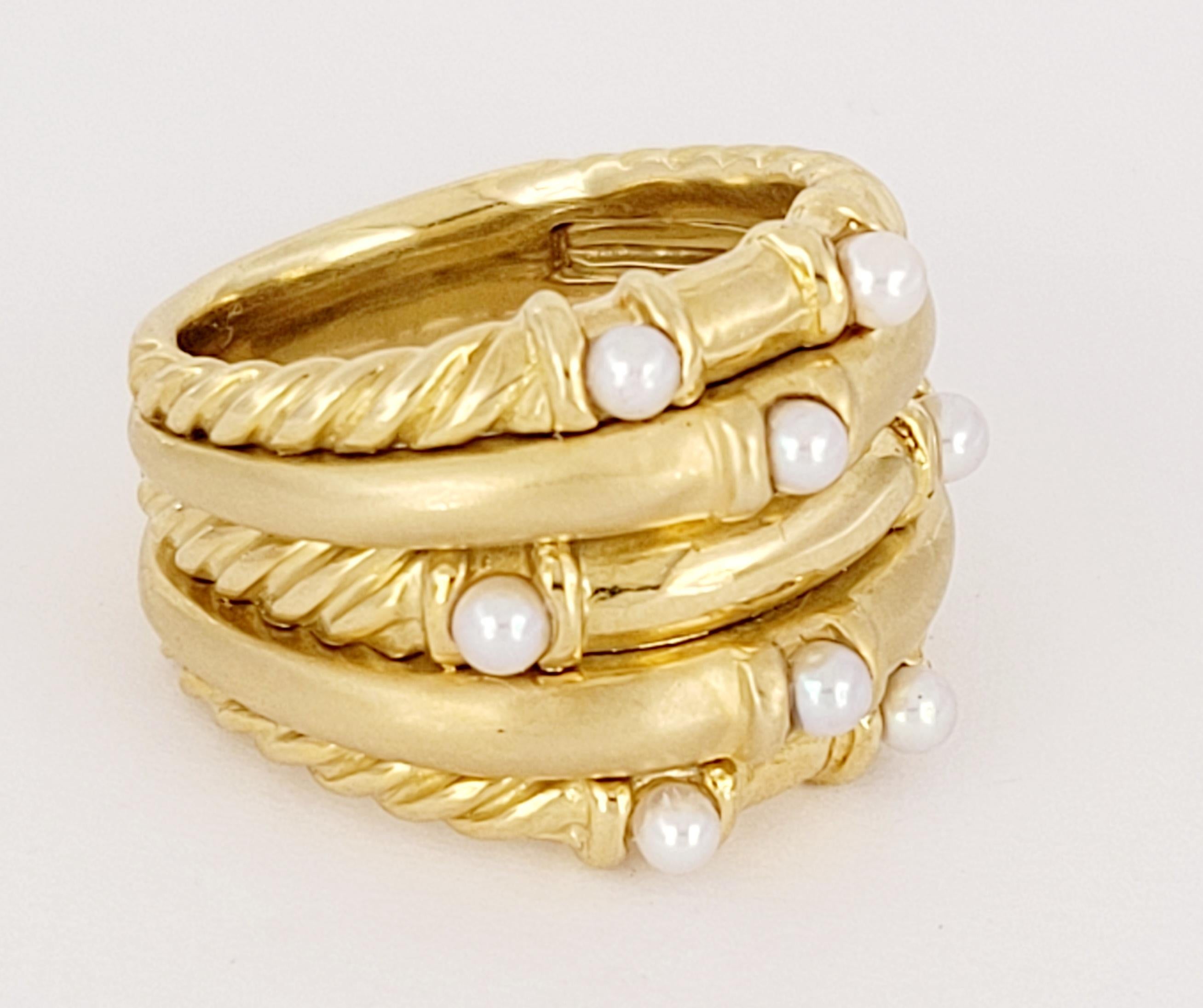 Round Cut Vintage David Yurman 5 Row Cable Pearl Ring 18K Yellow Gold Multi Row For Sale