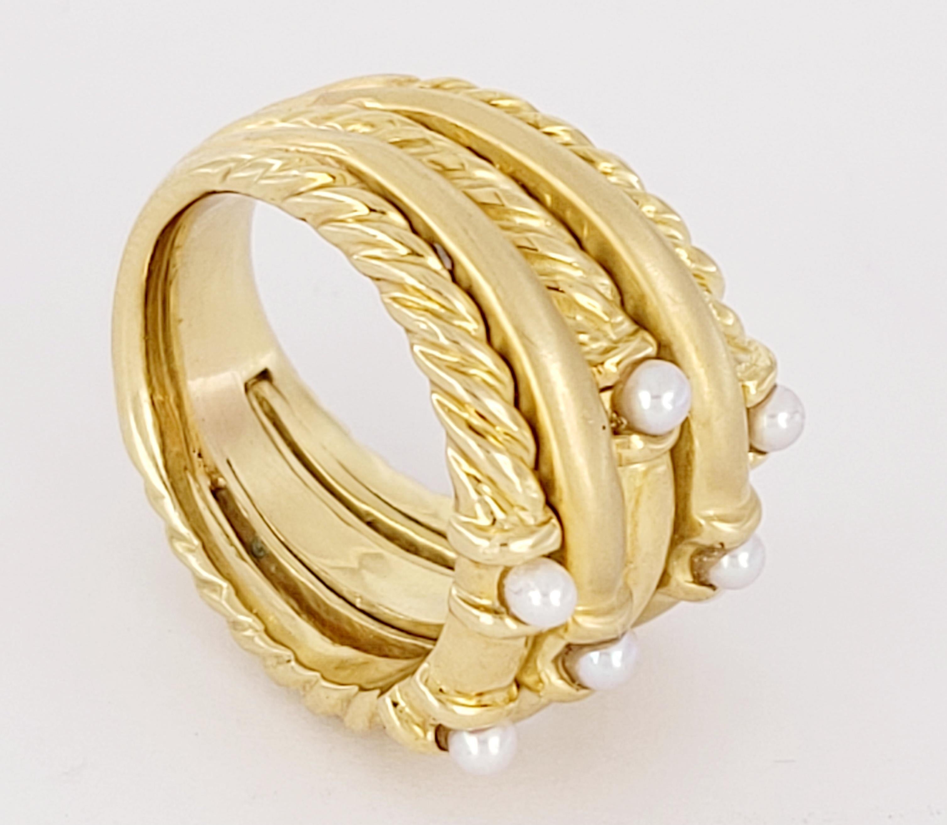 Vintage David Yurman 5 Row Cable Pearl Ring 18K Yellow Gold Multi Row In New Condition For Sale In New York, NY