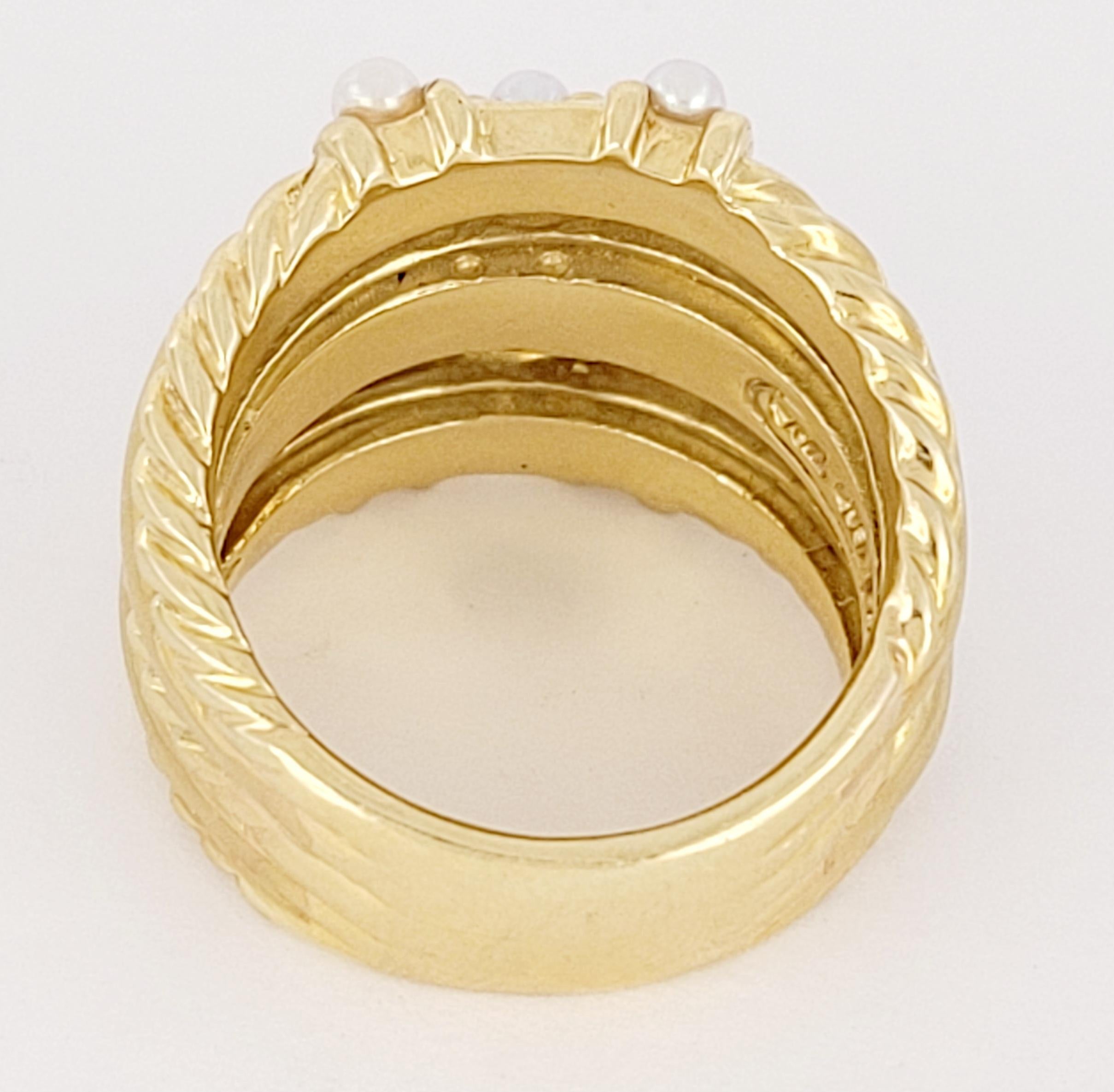 Women's Vintage David Yurman 5 Row Cable Pearl Ring 18K Yellow Gold Multi Row For Sale