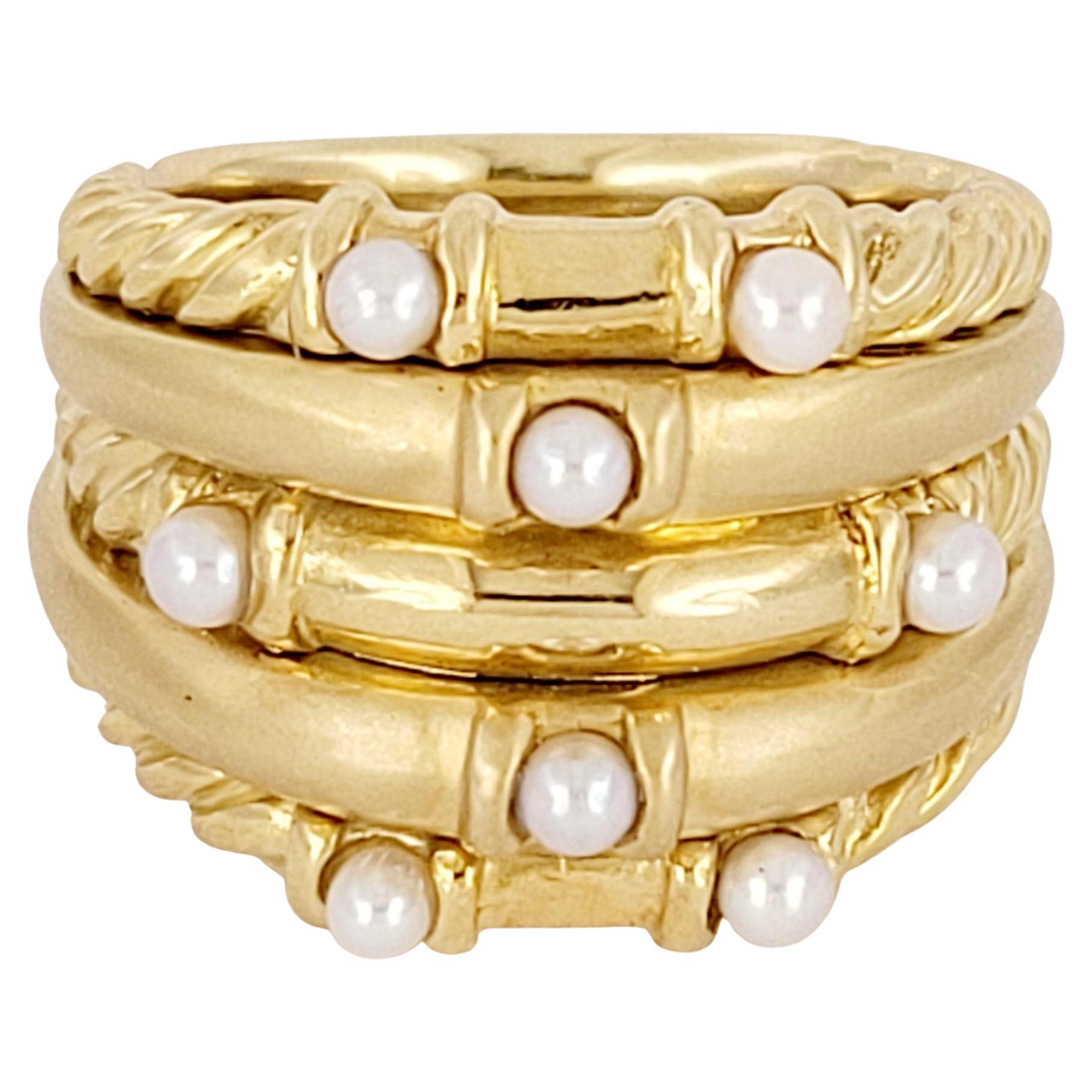 Vintage David Yurman 5 Row Cable Pearl Ring 18K Yellow Gold Multi Row
