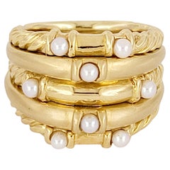 Vintage David Yurman 5 Row Cable Pearl Ring 18K Yellow Gold Multi Row
