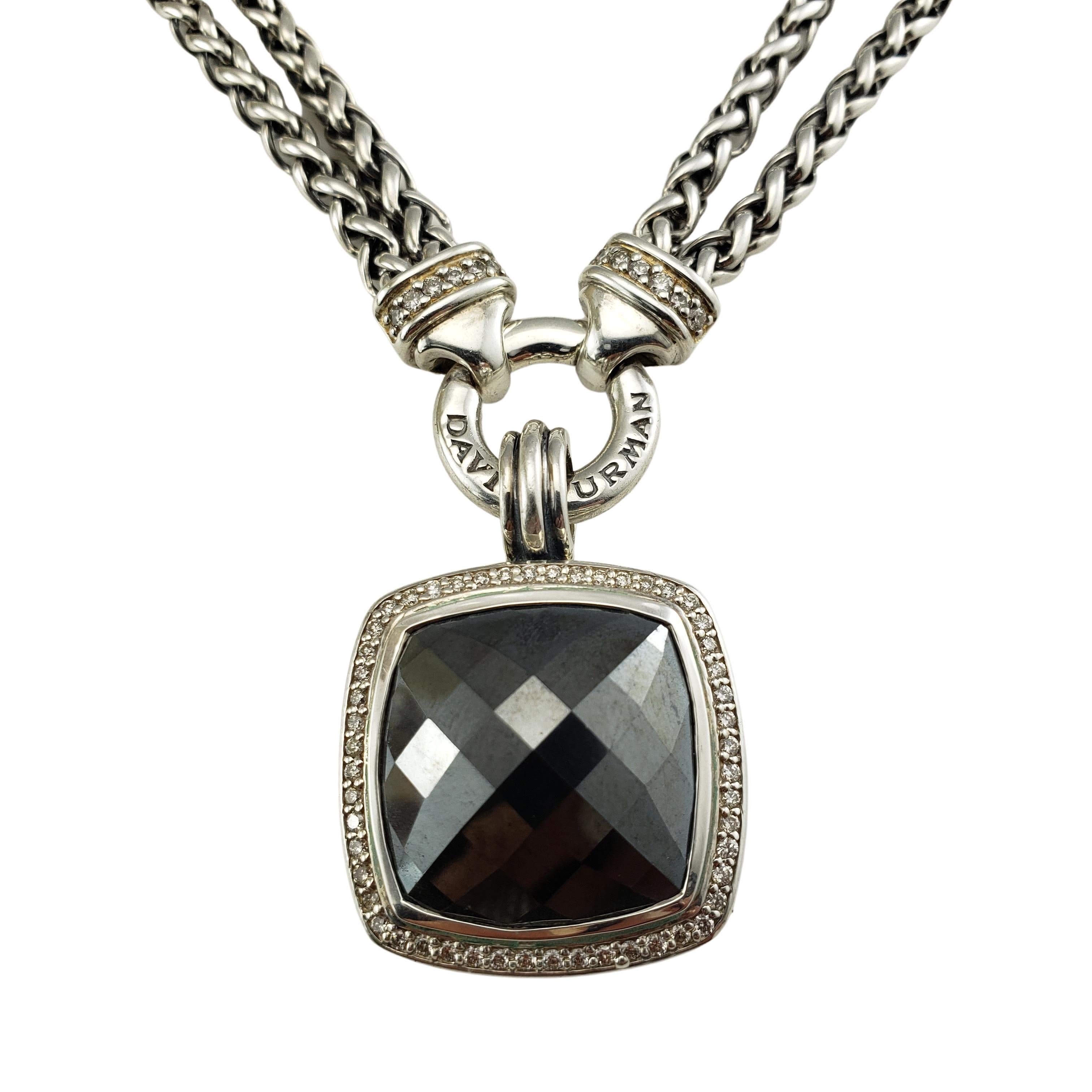 Vintage David Yurman Albion Sterling Silver Hematite and Diamond Pendant Necklace-

This stunning sterling silver piece features one faceted hematite gemstone (21 mm x 21 mm) surrounded by 52 round brilliant cut diamonds and suspended from a double