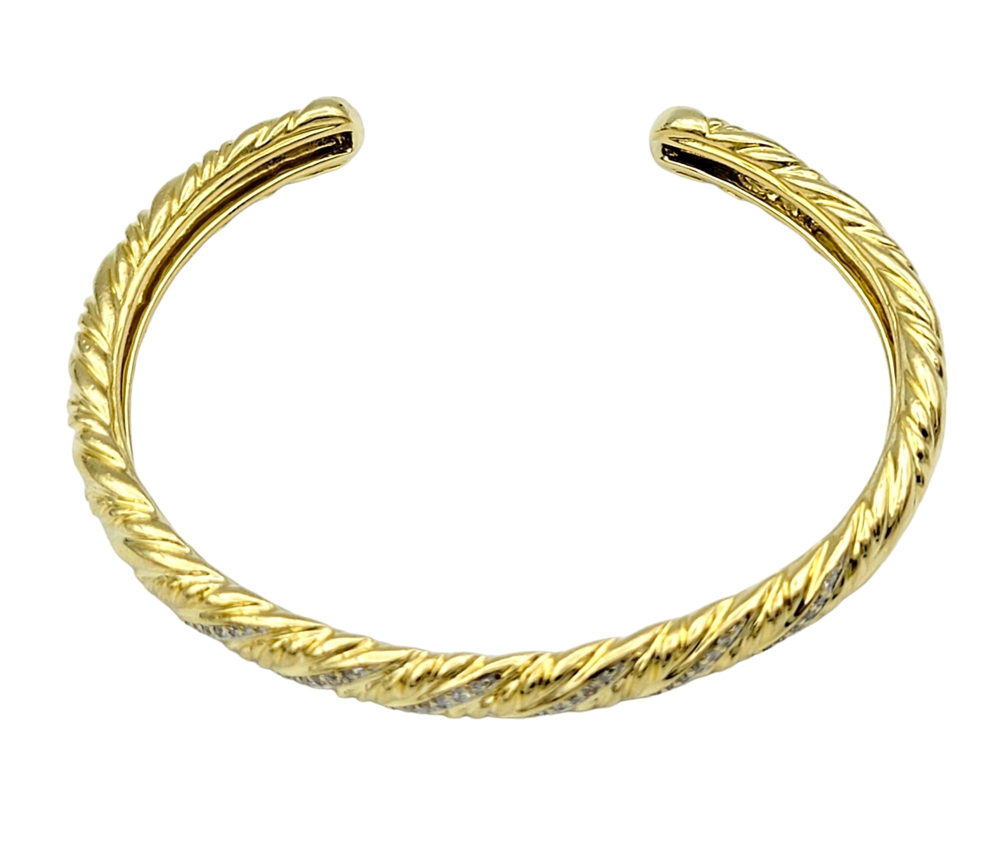 Contemporary Vintage David Yurman Diamond Twisted Cuff Bangle Bracelet 18 Karat Yellow Gold For Sale