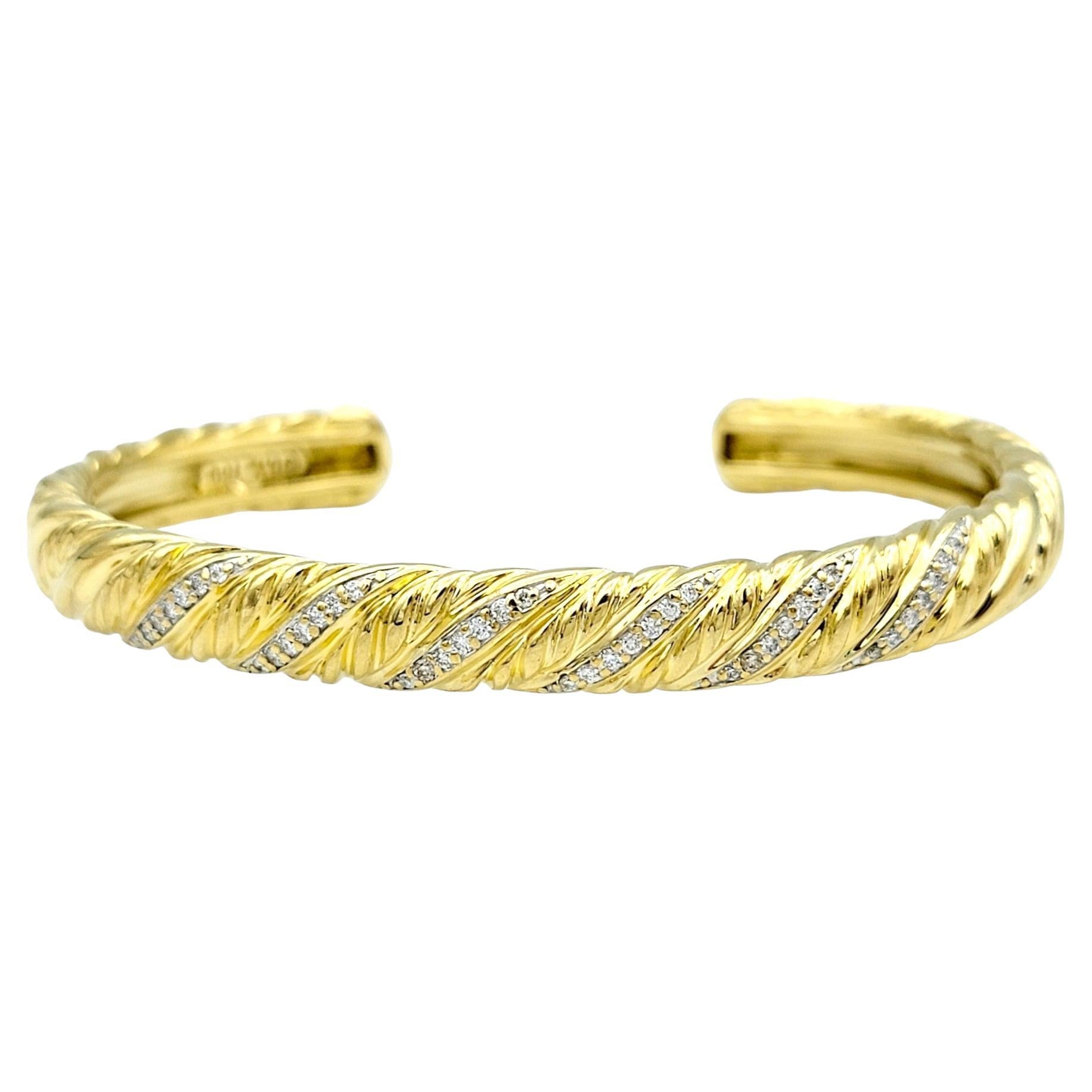 Vintage David Yurman Diamond Twisted Cuff Bangle Bracelet 18 Karat Yellow Gold For Sale