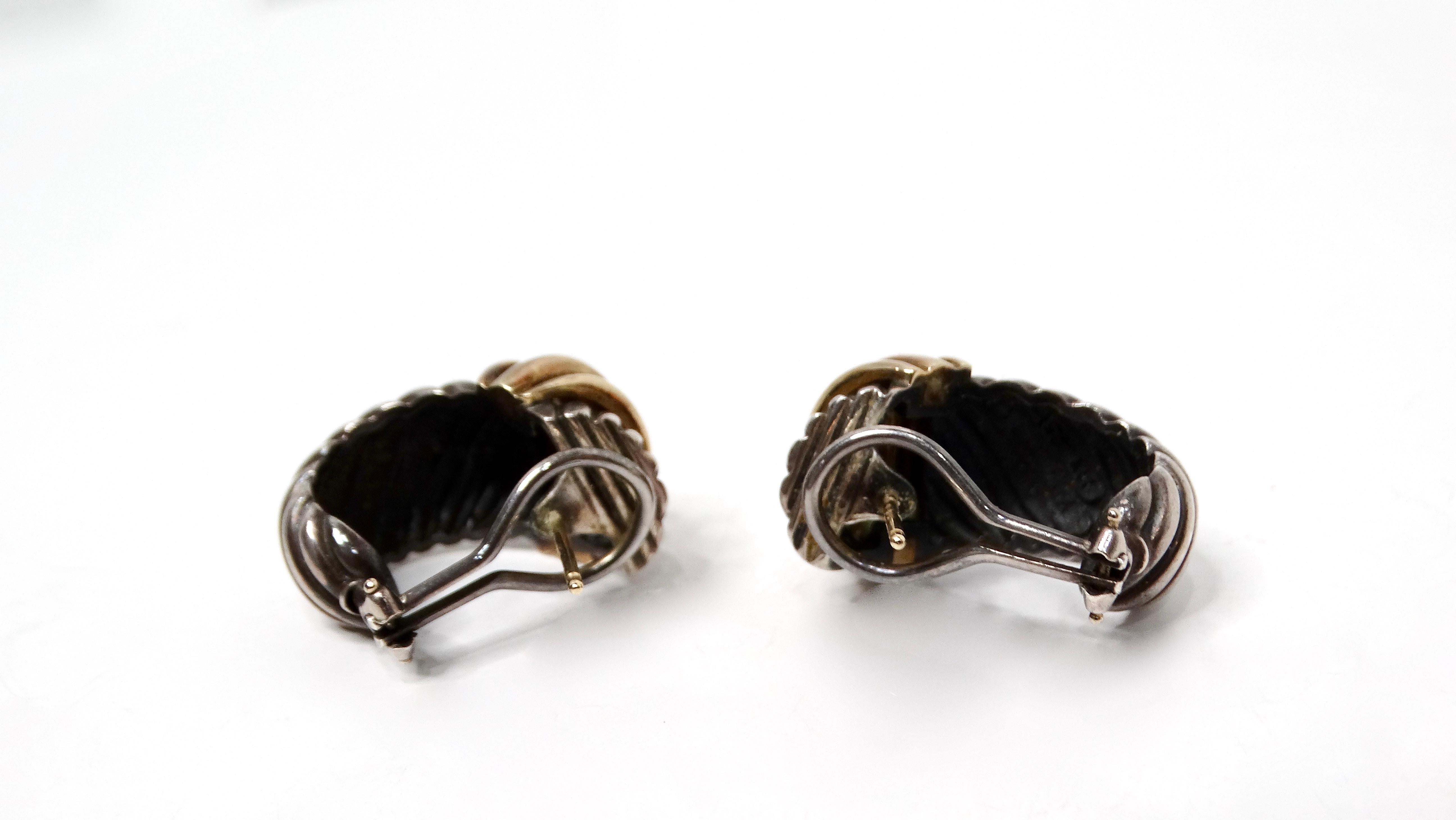 Vintage David Yurman Ear Clip Two-Tone 14k Gold & Sterling Silver Hoop Earrings In Good Condition For Sale In Scottsdale, AZ