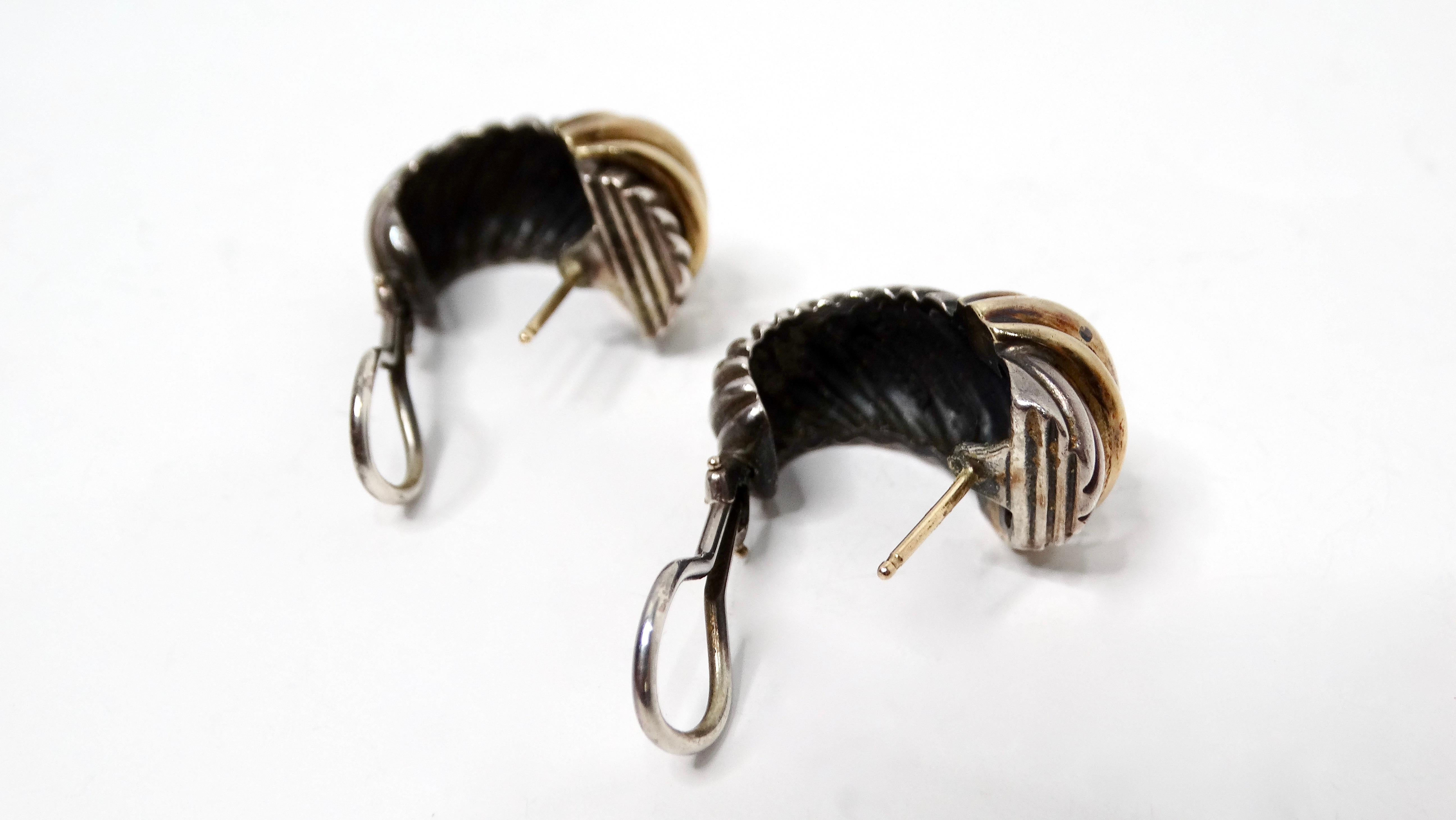 Women's Vintage David Yurman Ear Clip Two-Tone 14k Gold & Sterling Silver Hoop Earrings For Sale