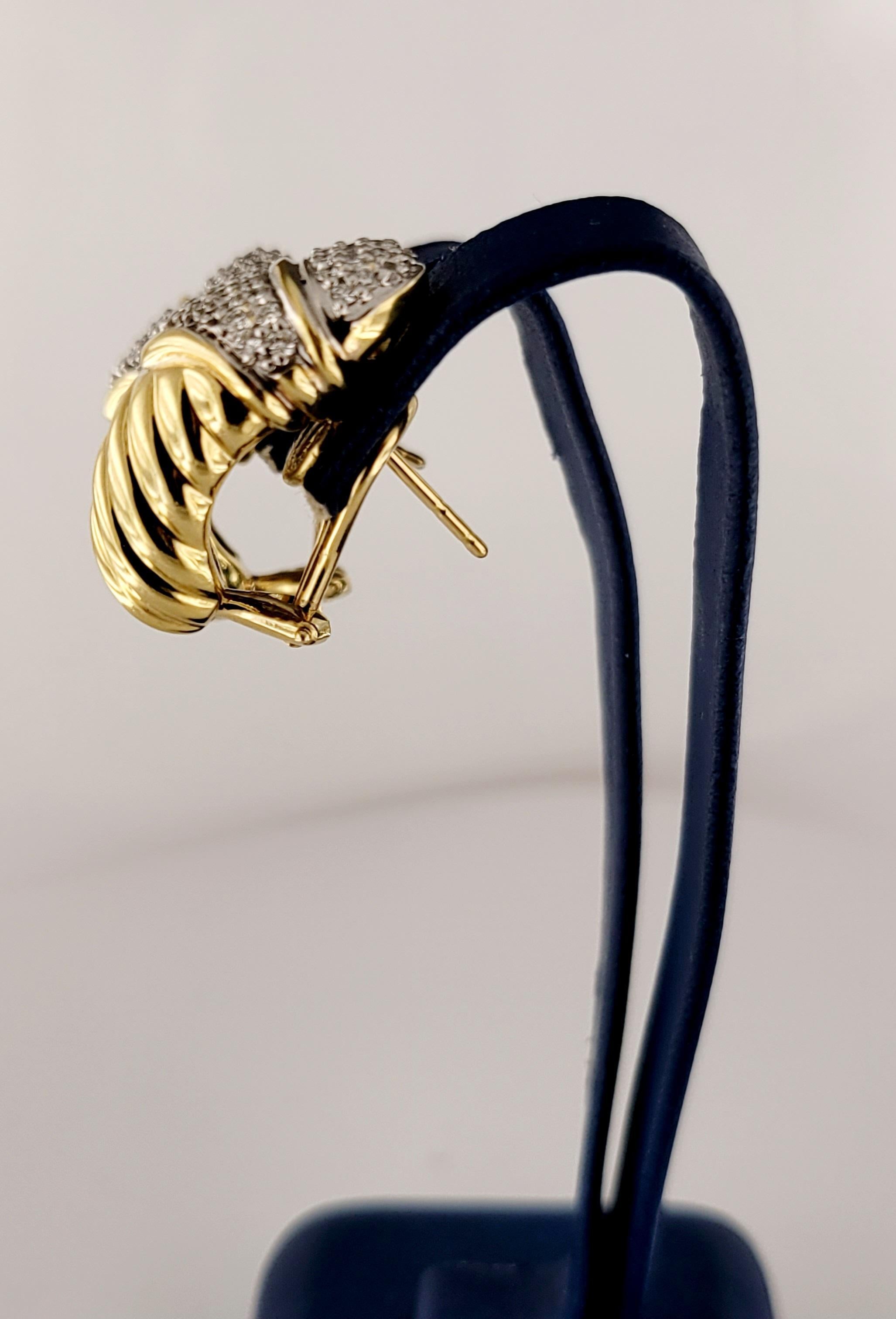 Vintage DAVID YURMAN EARRINGS 18k Yellow Gold Pave Diamond Shrimp Omega Back In Excellent Condition In New York, NY