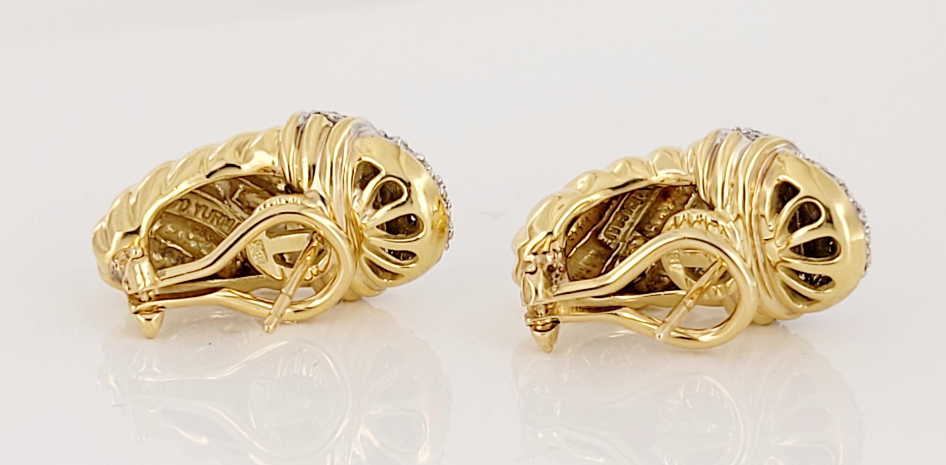 Women's Vintage DAVID YURMAN EARRINGS 18k Yellow Gold Pave Diamond Shrimp Omega Back