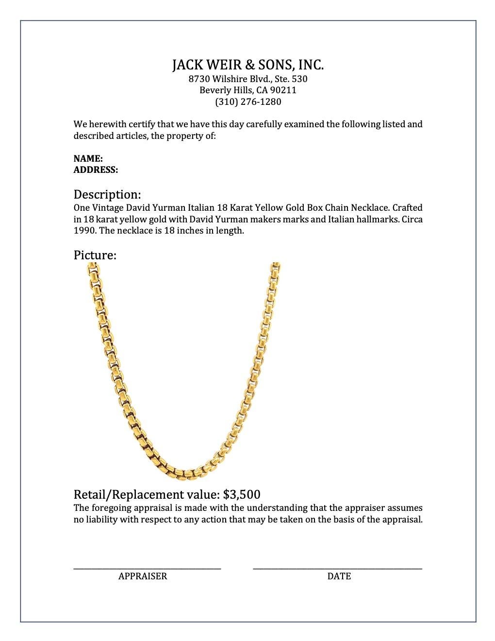 Vintage David Yurman Italian 18 Karat Yellow Gold Box Chain Necklace 1