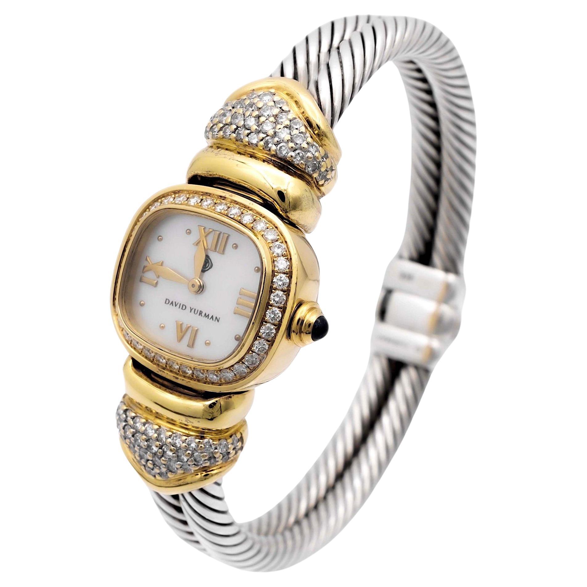 Vintage David Yurman Ladies 18K Gold Sterling Silver Diamond Wrist Cable Watch