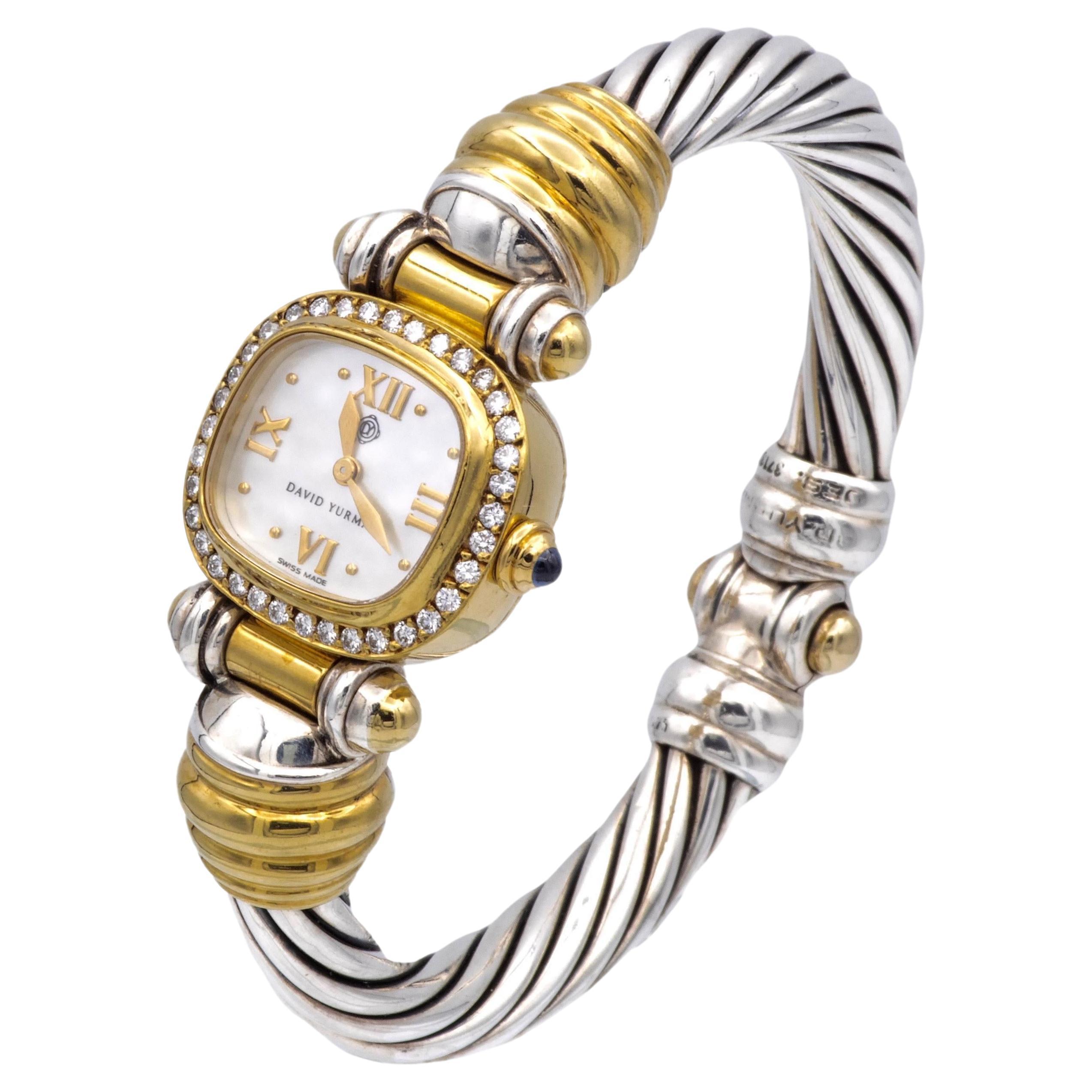 David Yurman Montre-bracelet vintage pour femmes en or jaune 18 carats, argent sterling et diamants