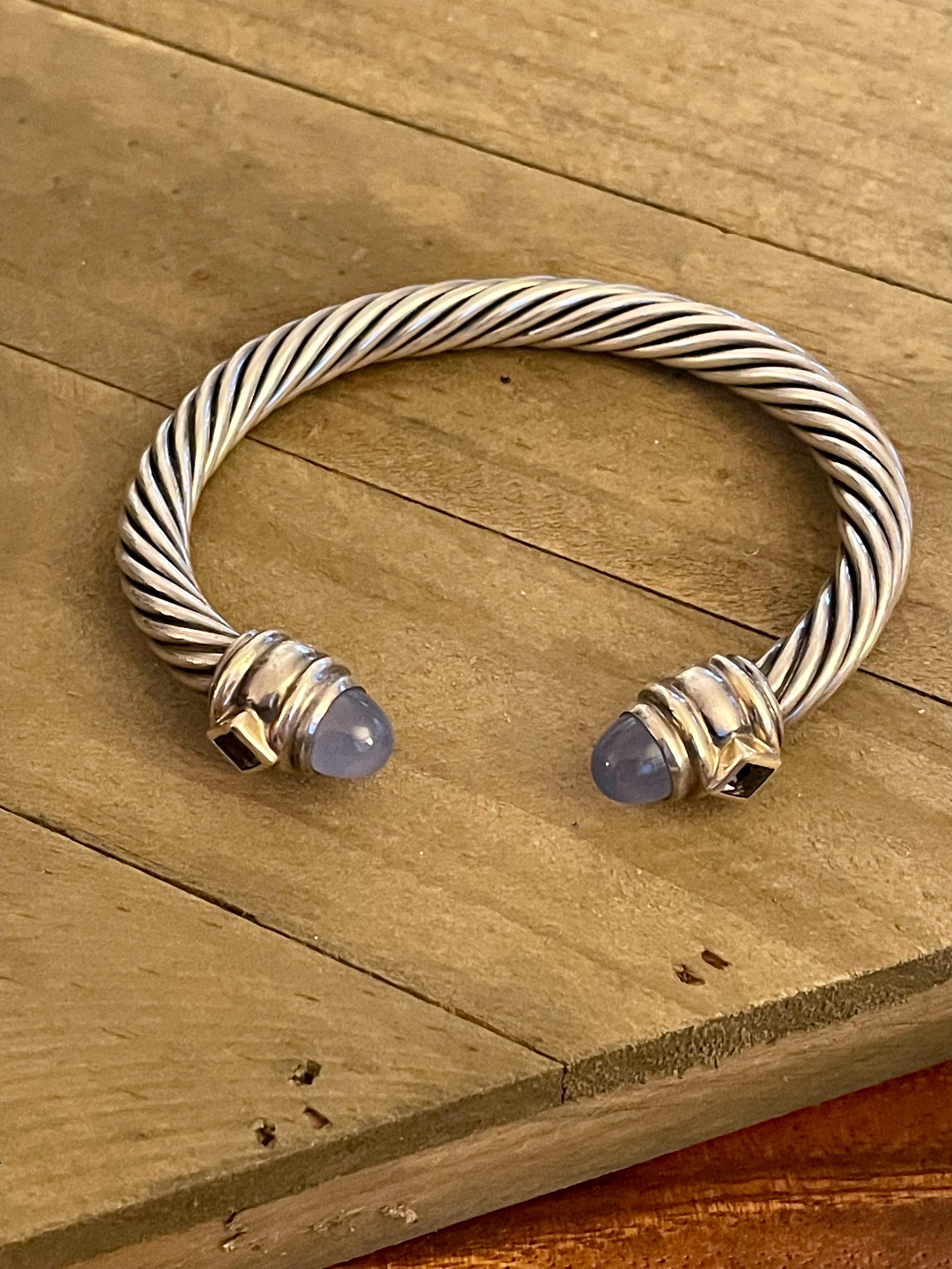 Women's Vintage David Yurman Moonstone & Blue Topaz Sterling Silver Cable Cuff Bracelet
