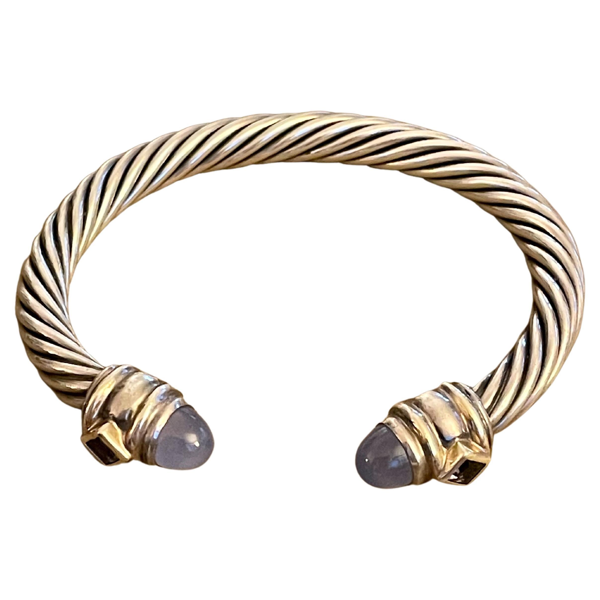 Vintage David Yurman Moonstone & Blue Topaz Sterling Silver Cable Cuff Bracelet