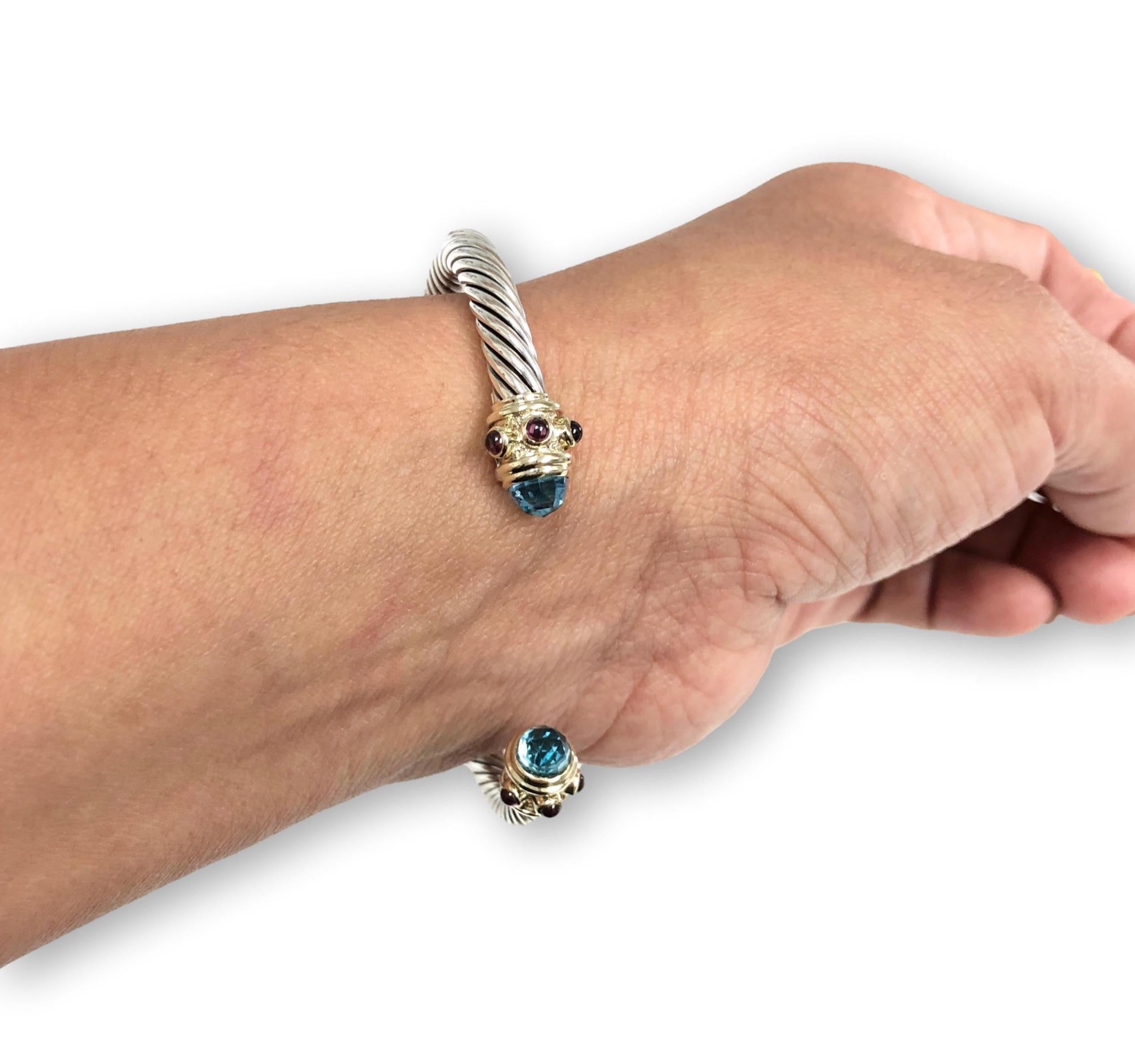 Vintage David Yurman Silver 14K Yellow Gold Blue Topaz Renaissance Open Cuff Bra In Excellent Condition In New York, NY