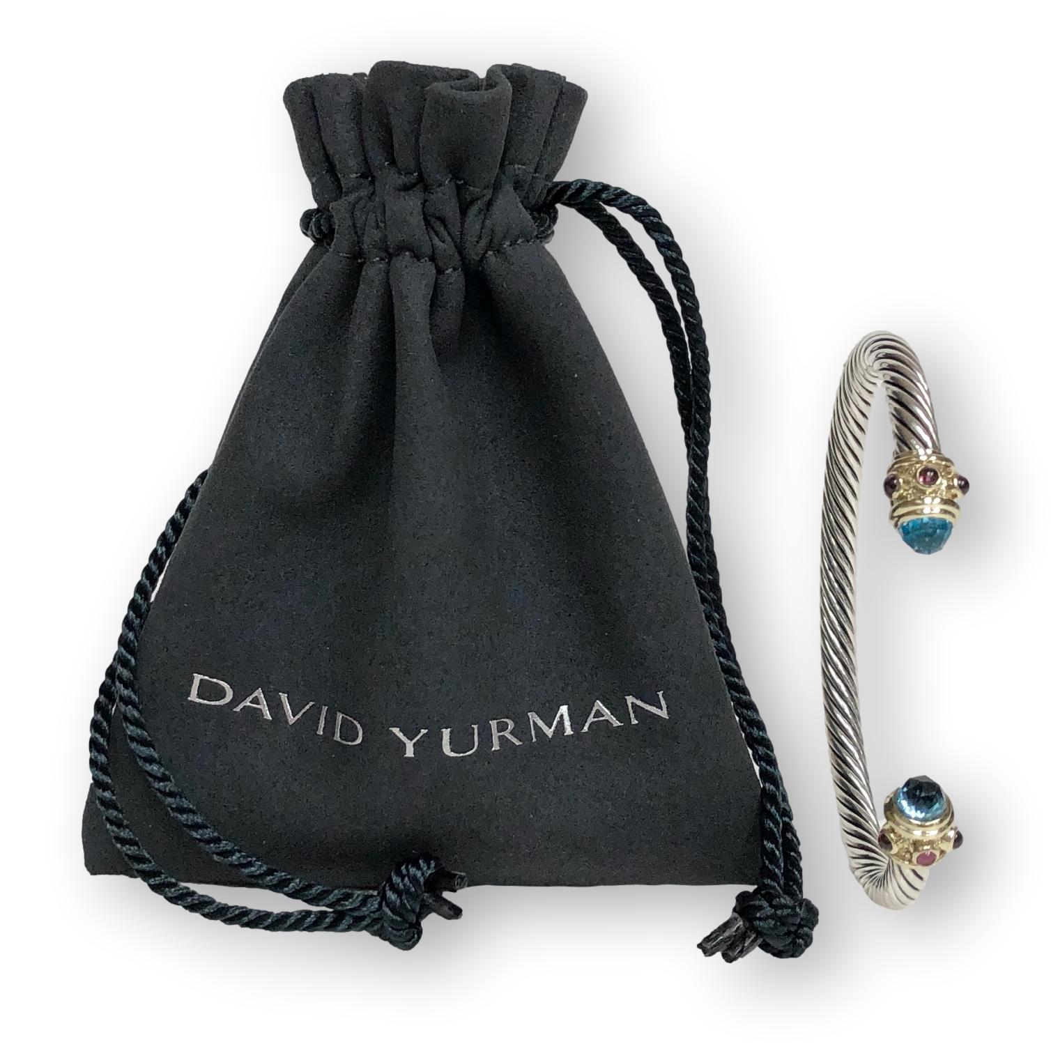Women's or Men's Vintage David Yurman Silver 14K Yellow Gold Blue Topaz Renaissance Open Cuff Bra
