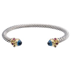 David Yurman Bracelet manchette vintage de la Renaissance en argent et or jaune 14 carats avec topaze bleue