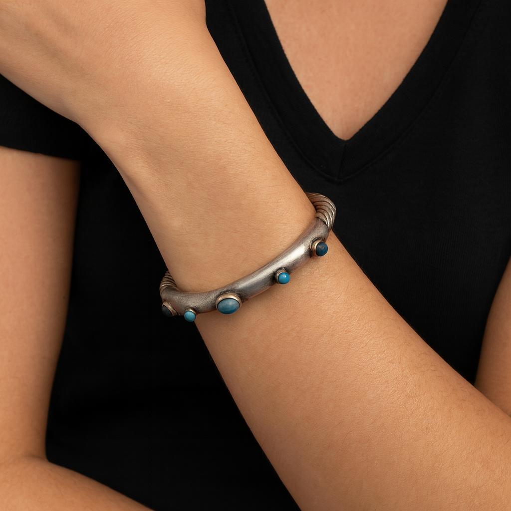 Vintage David Yurman Silver & Gold Blue Topaz Turquoise Cable Bangle Bracelet im Angebot 6