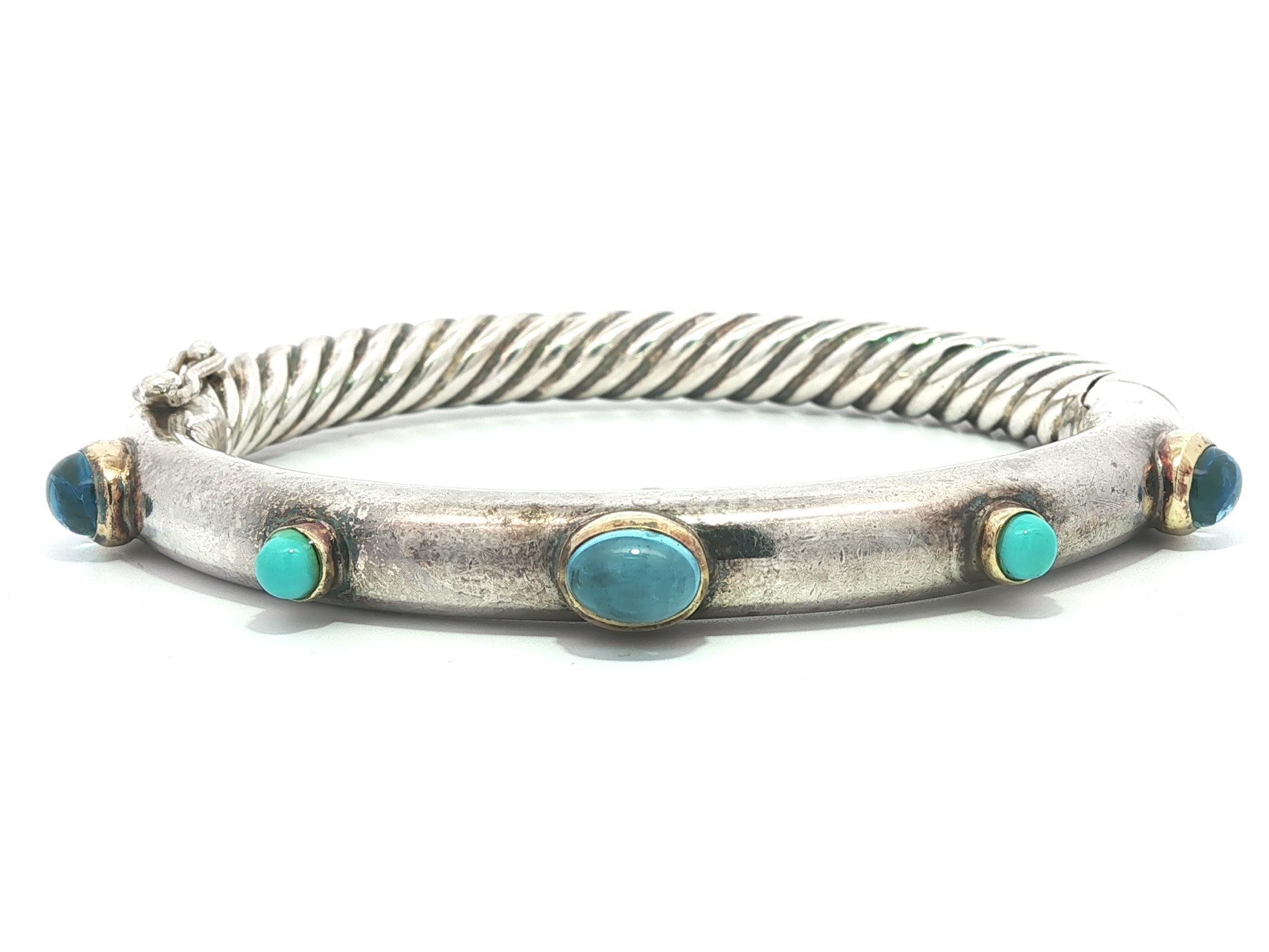 Vintage David Yurman Silver & Gold Blue Topaz Turquoise Cable Bangle Bracelet (Cabochon) im Angebot