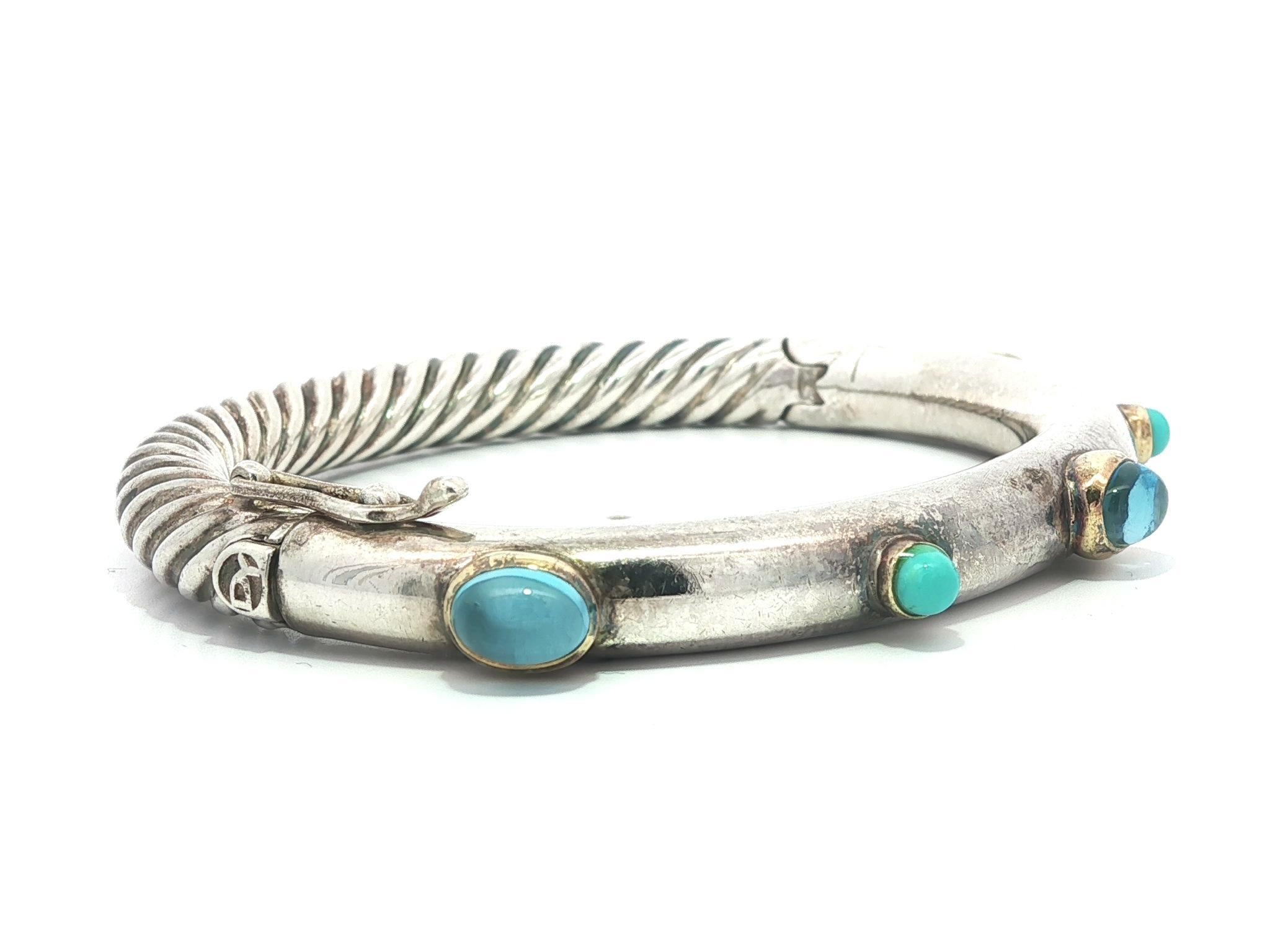 Vintage David Yurman Silver & Gold Blue Topaz Turquoise Cable Bangle Bracelet Damen im Angebot
