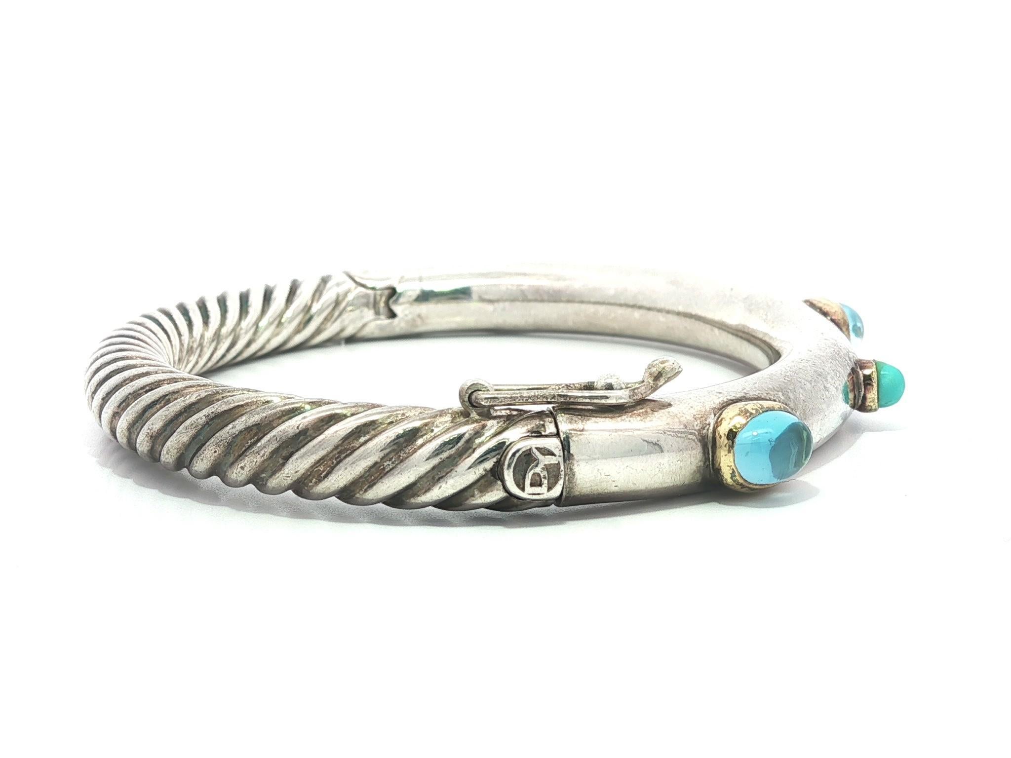 Vintage David Yurman Silver & Gold Blue Topaz Turquoise Cable Bangle Bracelet im Angebot 1