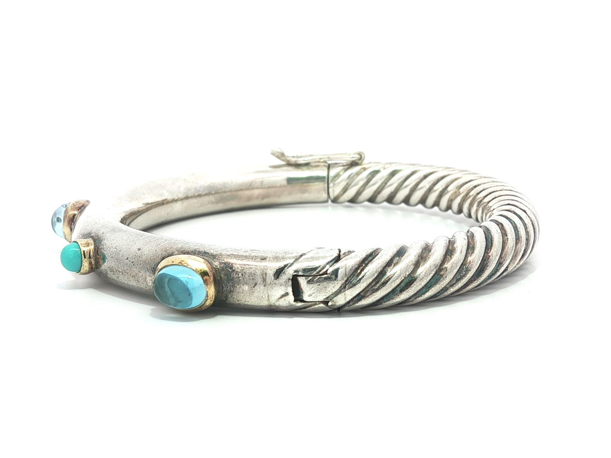 Vintage David Yurman Silver & Gold Blue Topaz Turquoise Cable Bangle Bracelet im Angebot 3
