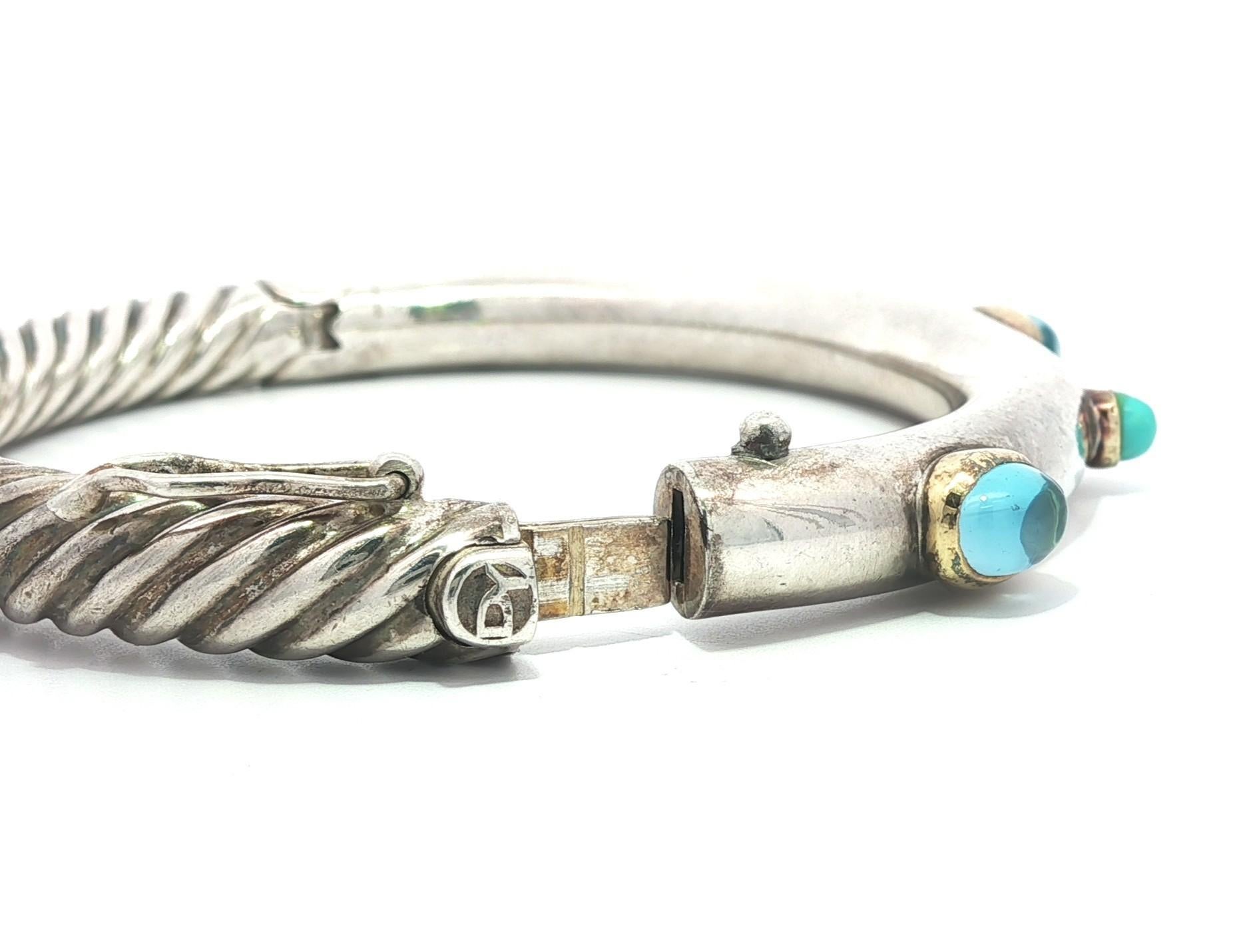 Vintage David Yurman Silver & Gold Blue Topaz Turquoise Cable Bangle Bracelet im Angebot 4