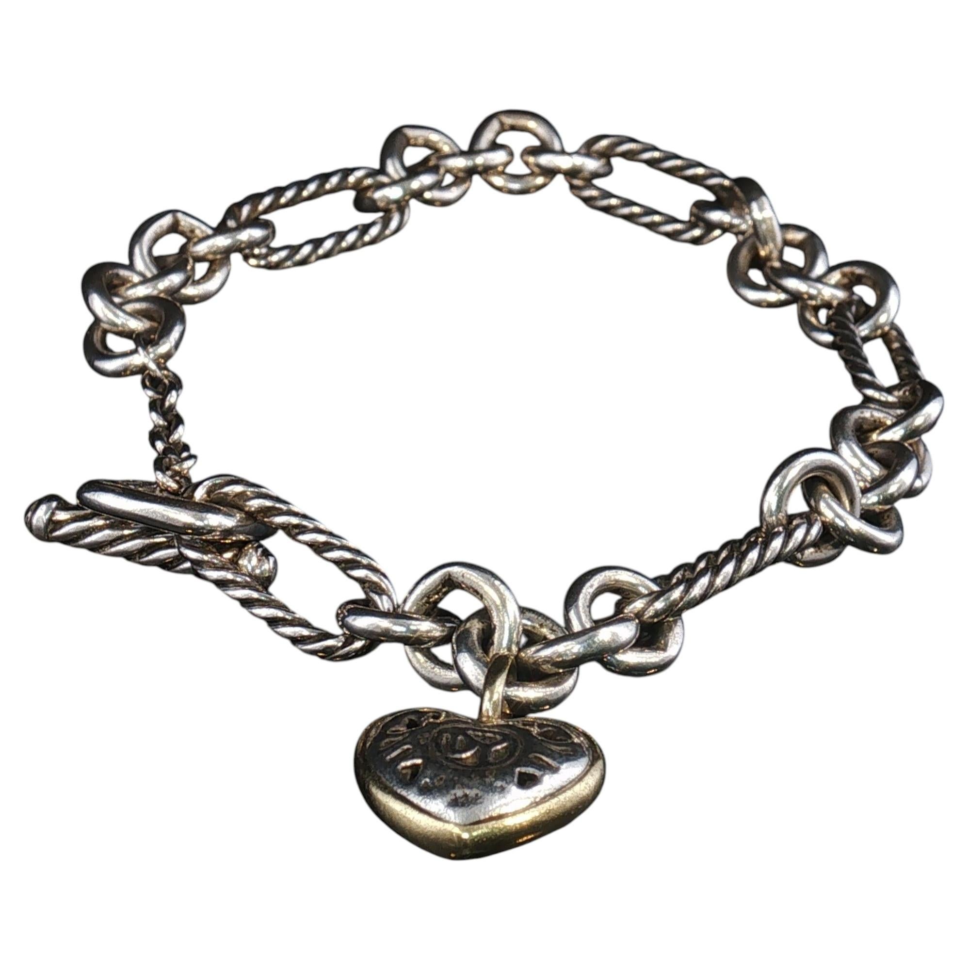 Vintage David Yurman Sterling Silver 14K Gold Heart Charm Toggle Bracelet 7.5"