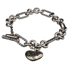 Vintage David Yurman Sterling Silver 14K Gold Heart Charm Toggle Bracelet 7.5"