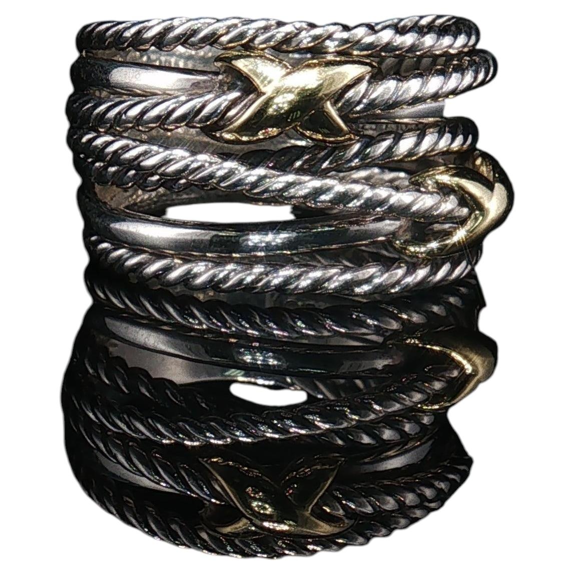 Vintage David Yurman Sterling Silver 14K Gold X Cable Ring 925 750 Size 6 7.8g For Sale