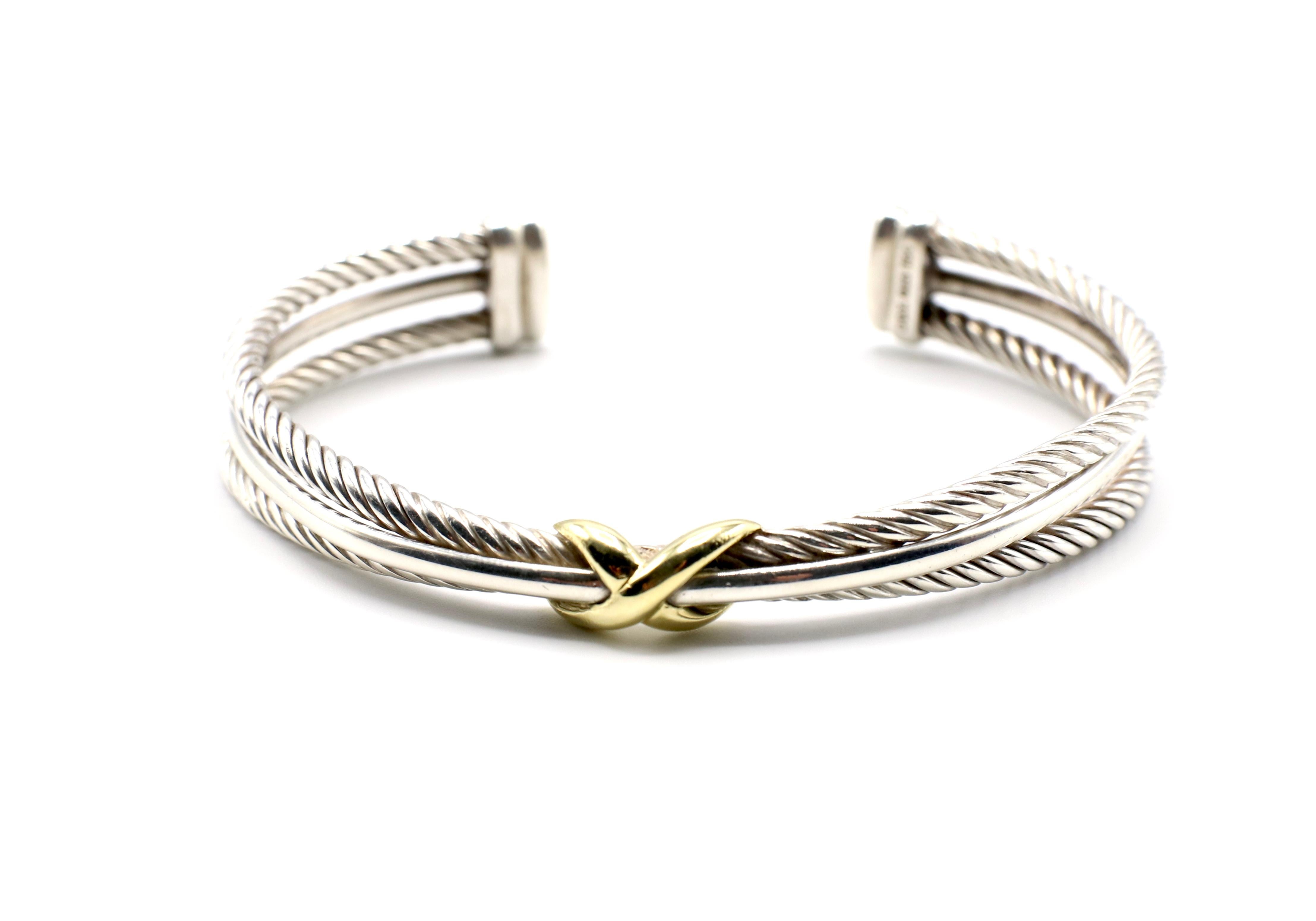 Vintage David Yurman Sterling Silver 18K Gold Cable Crossover X Bracelet Bangle

Metal: Sterling silver / 18k yellow gold
Signed: D.Y 925 750 
Bracelet measures 9.5mm wide at bottom and 5.2mm wide at top
Recently polished, excellent condition 