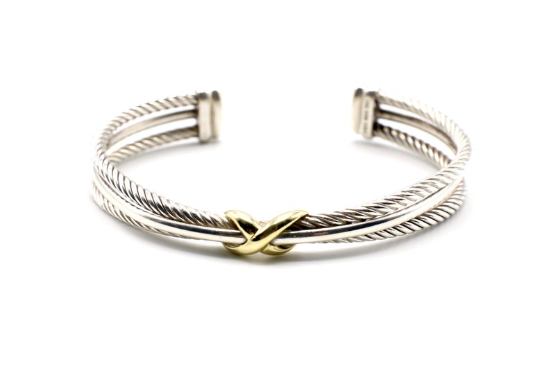 David Yurman Sterling Silver 18 Karat Gold Cable Crossover X Bracelet Bangle