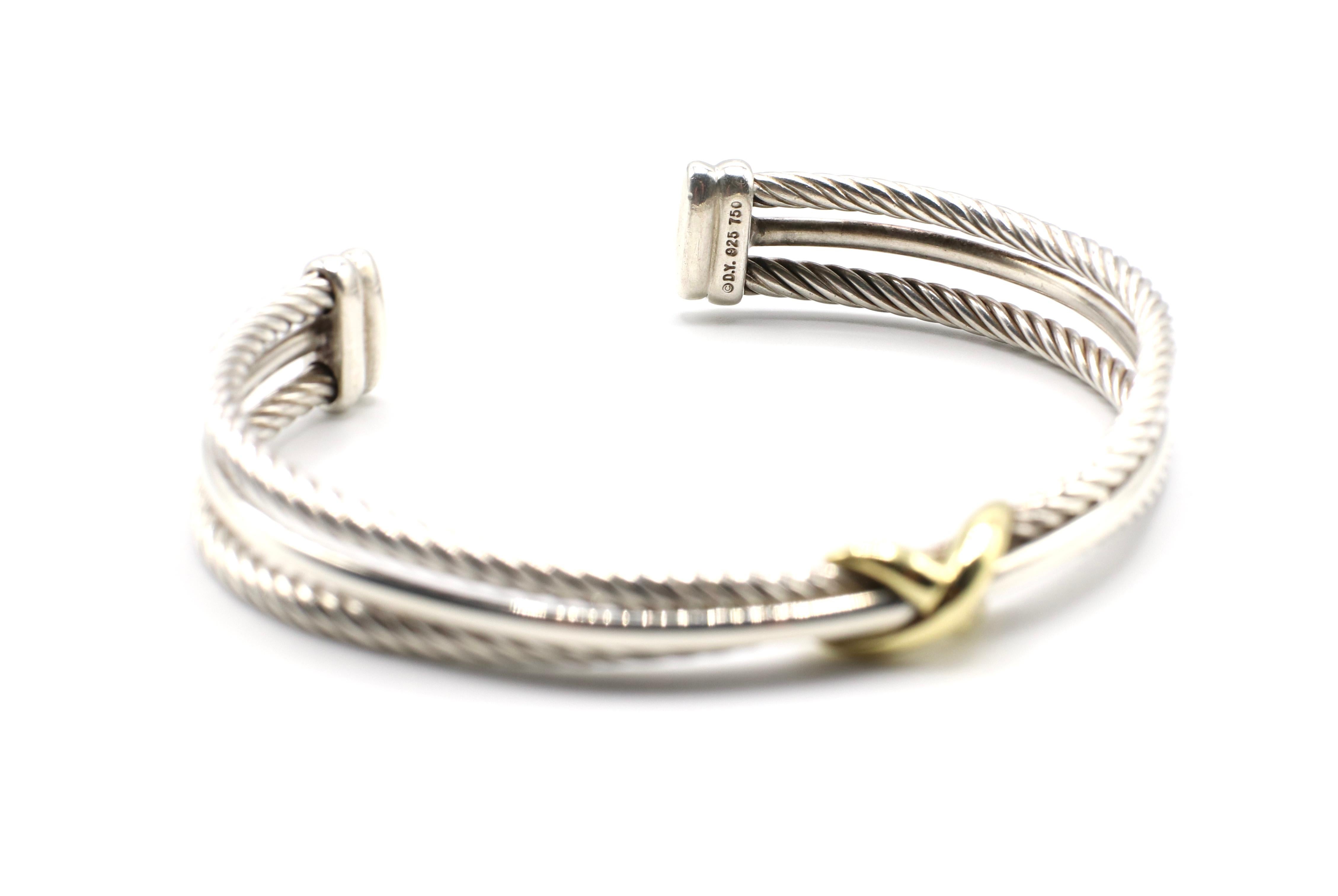 Modern David Yurman Sterling Silver 18 Karat Gold Cable Crossover X Bracelet Bangle