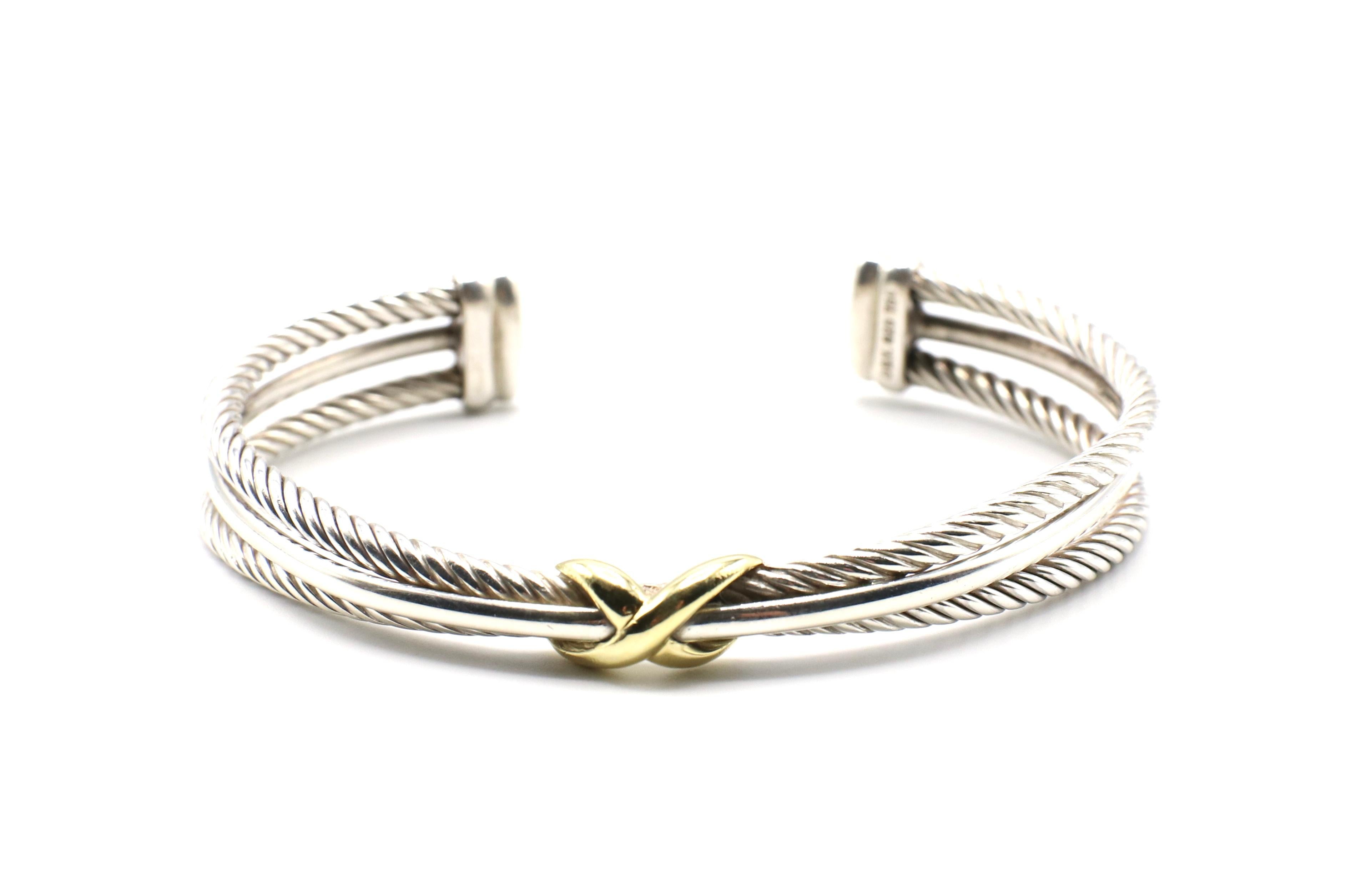 David Yurman Sterling Silver 18 Karat Gold Cable Crossover X Bracelet Bangle In Excellent Condition In  Baltimore, MD