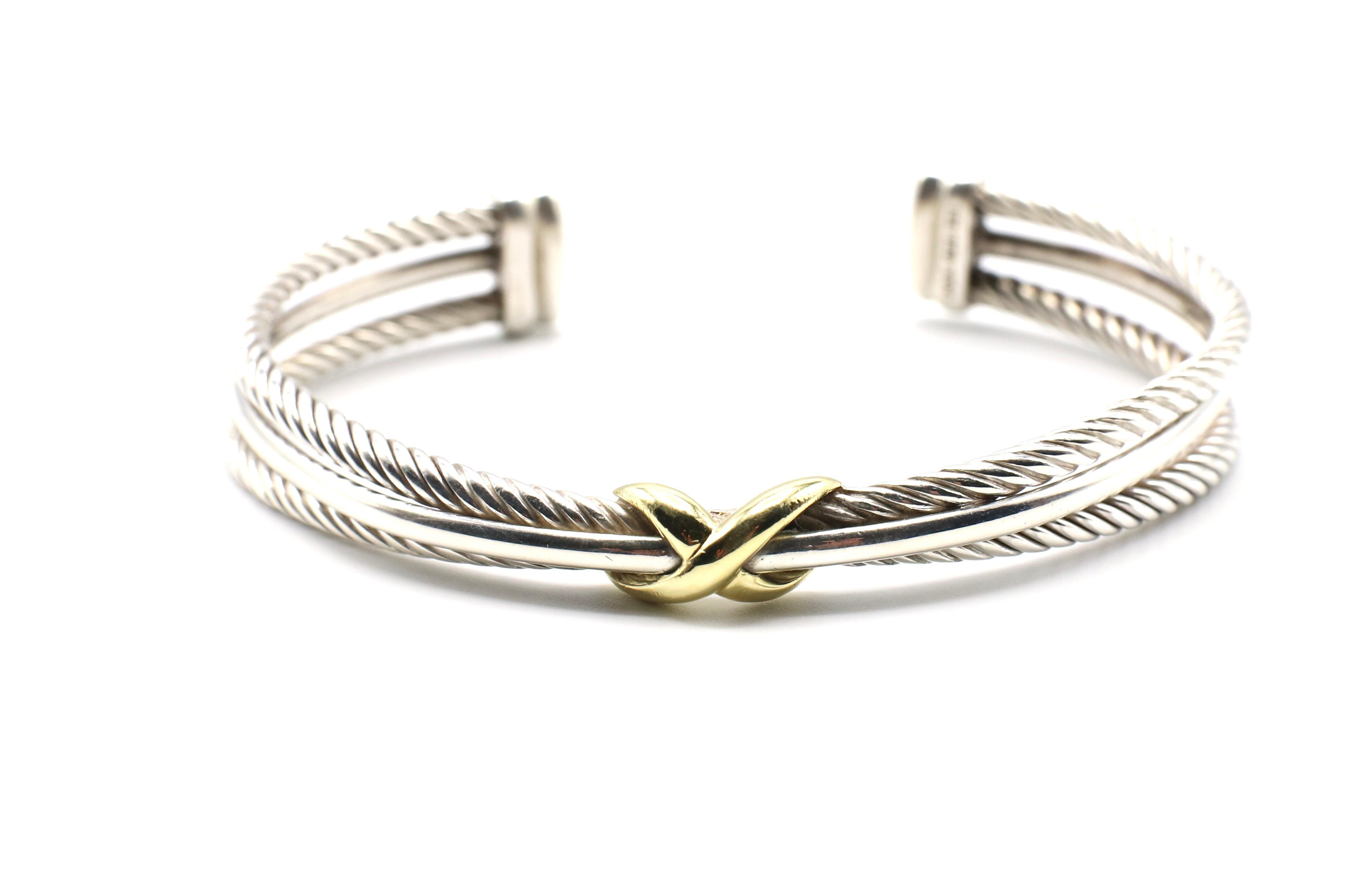 Women's David Yurman Sterling Silver 18 Karat Gold Cable Crossover X Bracelet Bangle