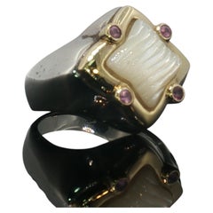 Vintage David Yurman Sterling Silver 18K Gold MOP Pink Tourmaline Ring Sz 8.75