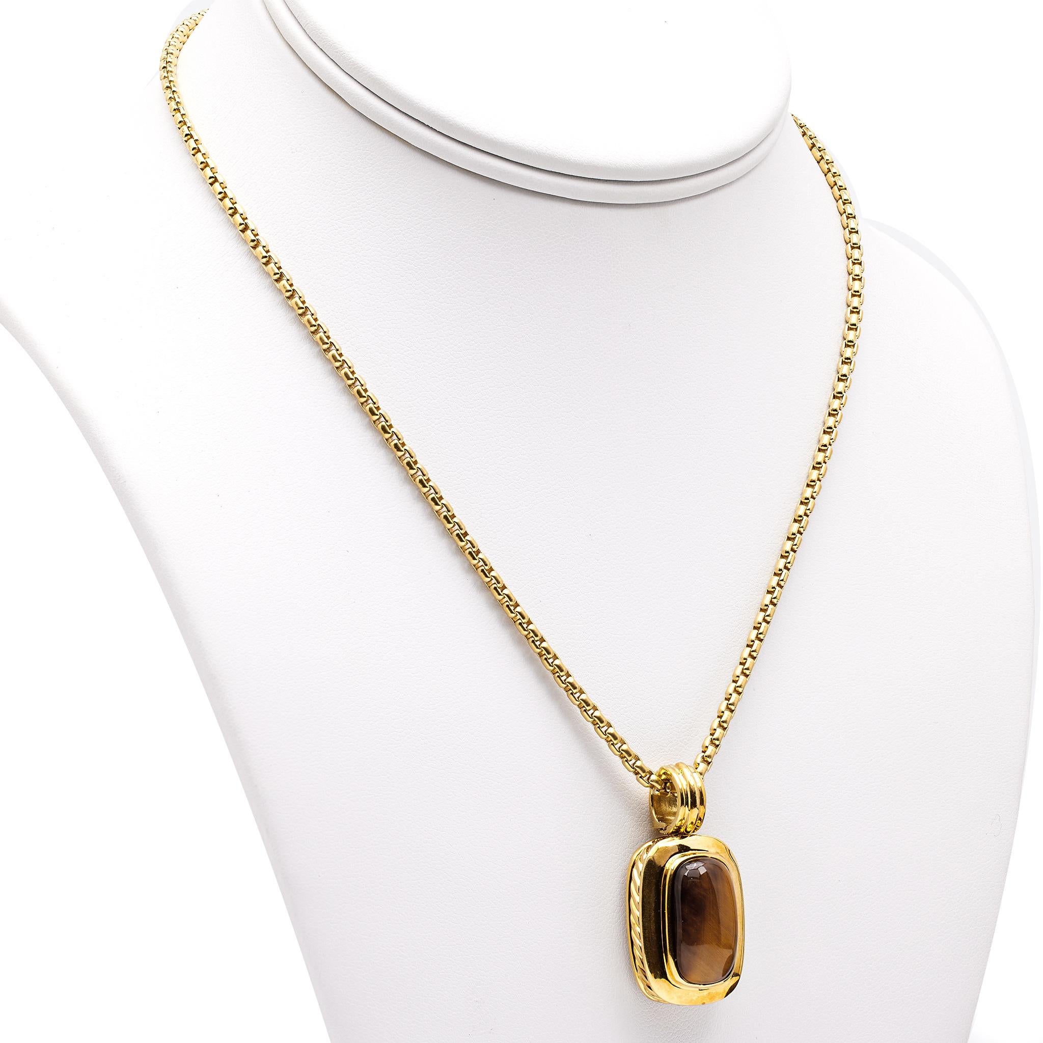 Women's or Men's Vintage David Yurman Tigers Eye 18k Yellow Gold Pendant Necklace